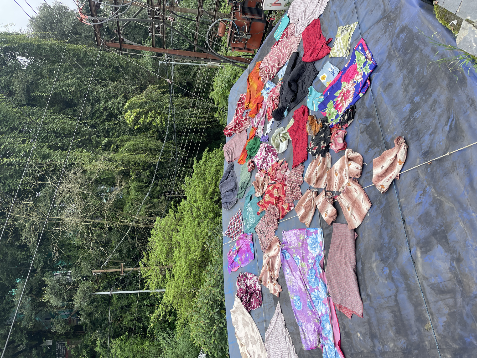In the city of Bhagsu, India, a collection of colorful textiles is laid out to dry on a dark blue tarp. The fabrics are spread across the tarp, creating a vibrant patchwork of patterns and colors. Among the visible items are floral prints, geometric designs, and plaid patterns, in shades of pink, purple, orange, red, green, and blue. Some pieces appear to be clothing items, such as a black jacket, while others seem to be fabric lengths. The tarp is positioned outdoors, with a lush, green, overgrown hillside serving as the backdrop. Trees with dense foliage dominate the scene, with some branches draped with vines. Electrical wires and a utility pole are also visible, suggesting the presence of infrastructure in the area. The lighting indicates it is daytime, with a slightly overcast sky. The scene conveys a sense of domestic activity and resourcefulness amidst a natural, verdant environment.