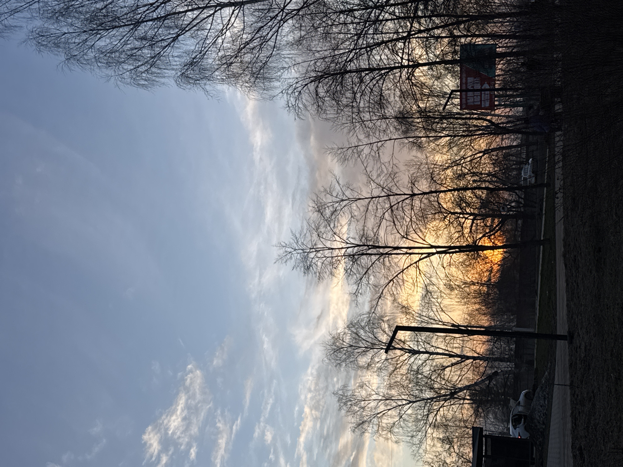The image shows a view of the sky at sunset through bare tree branches. The sky has streaks of clouds and varying shades of blue, transitioning to orange and yellow near the horizon. Silhouetted trees are visible against the setting sun, partially obscuring the view. In the lower right corner, part of a sidewalk and possibly a parked car are visible. A sign with red and white colors is seen between the branches. This location appears to be in a park or residential area in Chaikovsky, Russia. The scene is peaceful, likely captured during the late afternoon or early evening.