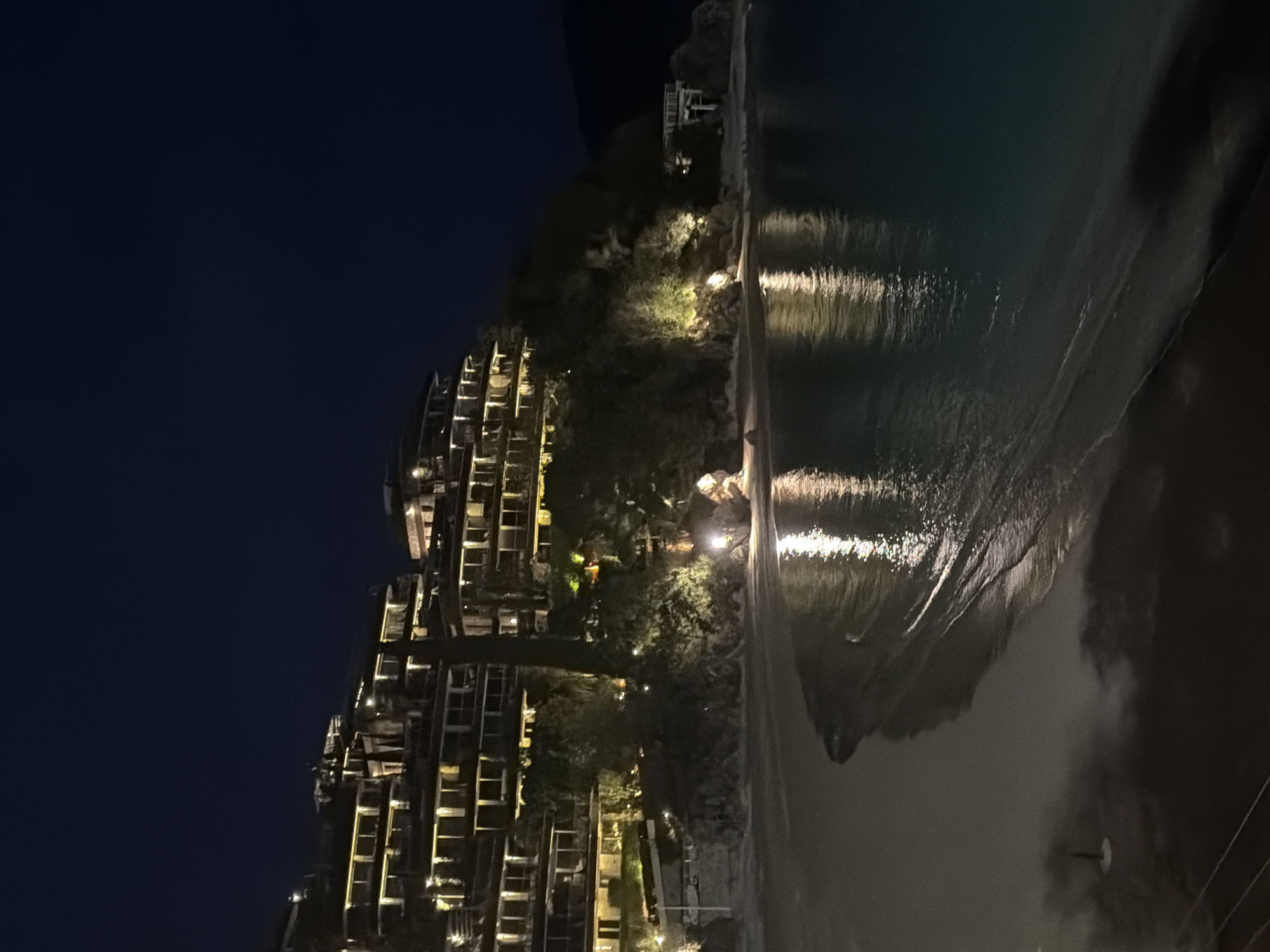 The image captures a serene nighttime view of a coastal resort area, likely in Budva, Montenegro, illuminated by artificial lights. The setting features a prominent multi-story building complex on the left, terraced into a hillside. These buildings, possibly a hotel or residential units, display numerous lit windows and balconies, casting a warm, golden glow against the dark night.
Between the illuminated structures and the sea, a stretch of lush vegetation, including trees and shrubs, is visible, some of which are highlighted by ground-level spotlights. This greenery adds depth and a natural element to the developed coastline.
On the right side of the frame, the calm surface of the sea reflects the bright lights from the buildings and shore, creating shimmering, elongated streaks across the water. A narrow strip of beach or shoreline runs along the edge of the water, separating it from the land-based structures and foliage.
In the background, the dark outlines of mountains or hills rise, providing a dramatic natural backdrop to the man-made structures. The sky is a deep, dark blue, indicating the late hour.
The scene is devoid of any visible people or discernible activity, lending a peaceful and tranquil atmosphere. No specific events are taking place, but rather the image presents an aesthetic nocturnal landscape. The overall impression is one of a quiet, luxurious, and inviting coastal retreat under the clear night sky. There is no visible text in the image.