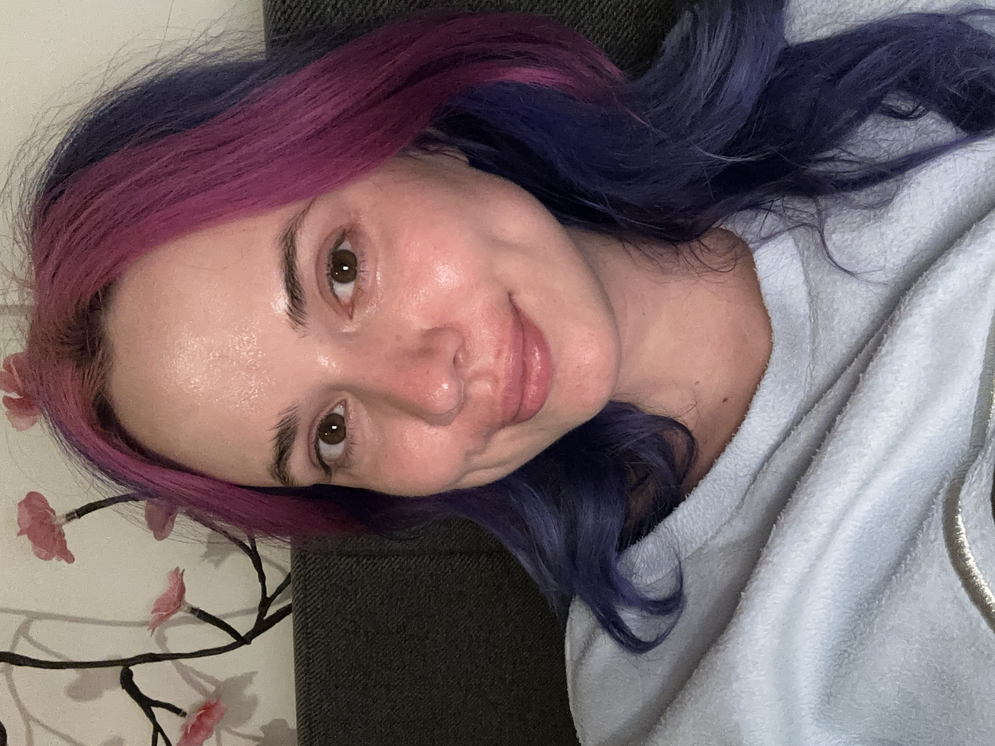 A casual, eye-level portrait shows a young woman lying down indoors in the City of Zagreb, Croatia. She has fair skin, brown eyes, and a relaxed expression with a subtle smile. Her long, wavy hair is vibrantly two-toned, featuring magenta or pink sections framing her face and transitioning to a darker blue or purple towards the back and lower layers. Her skin has a natural, slightly dewy appearance.
She is wearing a soft, light blue top, possibly made of fleece or a similar textured material, with a lighter-colored zipper or trim visible on the right side of the frame. She appears to be resting on a dark grey or black textured surface, likely a couch or cushion, which is visible behind her head and shoulders. To the left, behind her hair, a wall decoration depicting dark branches with soft pink, cherry blossom-like flowers is visible. The setting suggests a comfortable, informal indoor environment. There is no visible text in the image.