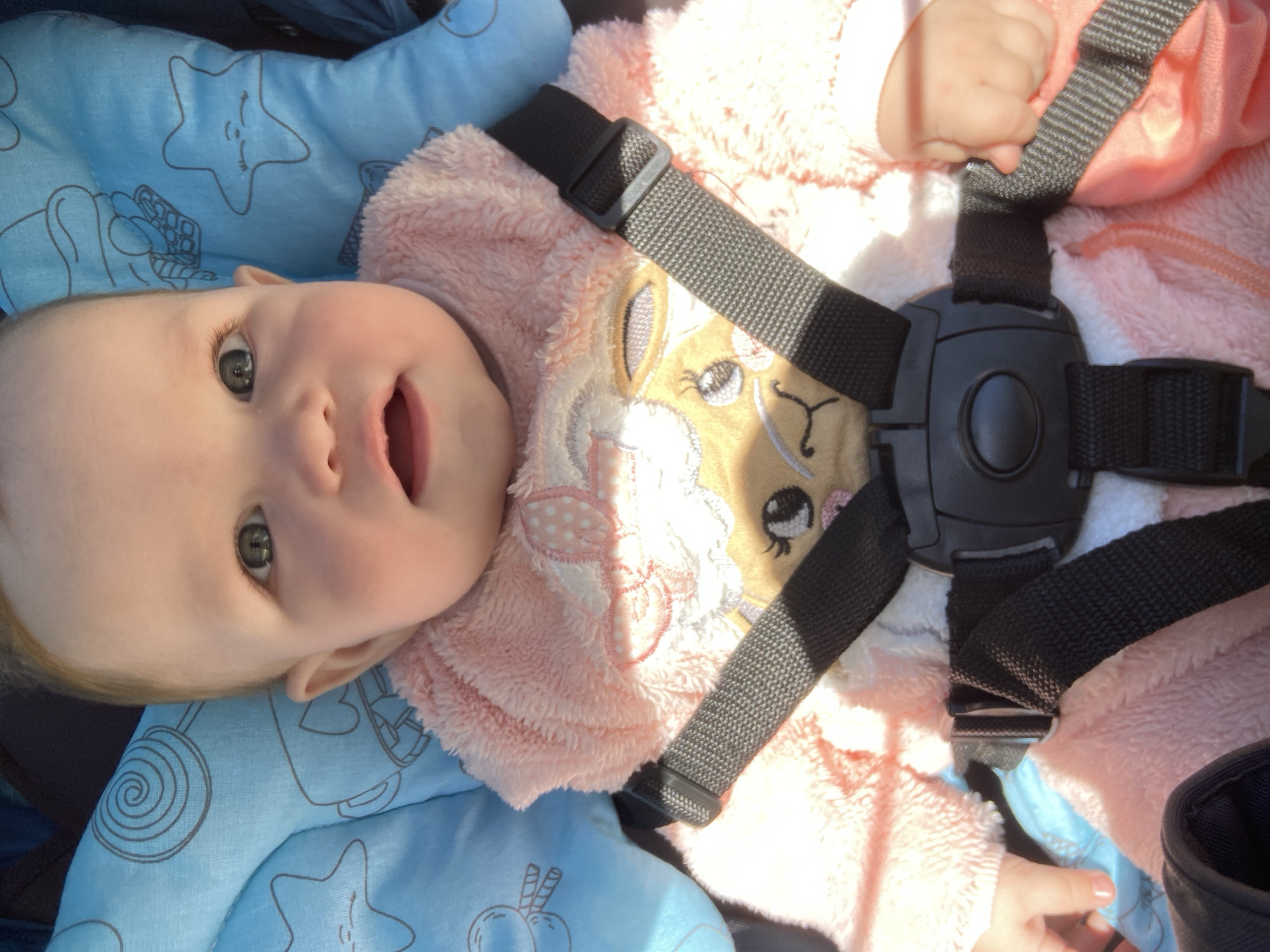 A front-facing, high-angle close-up captures an infant secured in a five-point harness within a child restraint system. The infant wears a textured, light pink, full-body outfit featuring an embroidered cartoon animal (possibly a sheep or llama) with white trim and a polka-dotted bow on the chest. A black five-point harness system, with a central push-button buckle, is securely fastened over the outfit. Behind the infant's head and upper body is a light blue fabric support insert, patterned with light gray line drawings including lollipops, stars with faces, and a mug with a heart. The infant has light skin, blue-green eyes looking directly forward, and a slightly open mouth, conveying an alert expression. Strong, directional lighting from the upper right casts clear shadows across the harness straps and parts of the outfit. The image contains no discernible visual information or landmarks to establish its location, including the city of Chaikovsky, Russia.