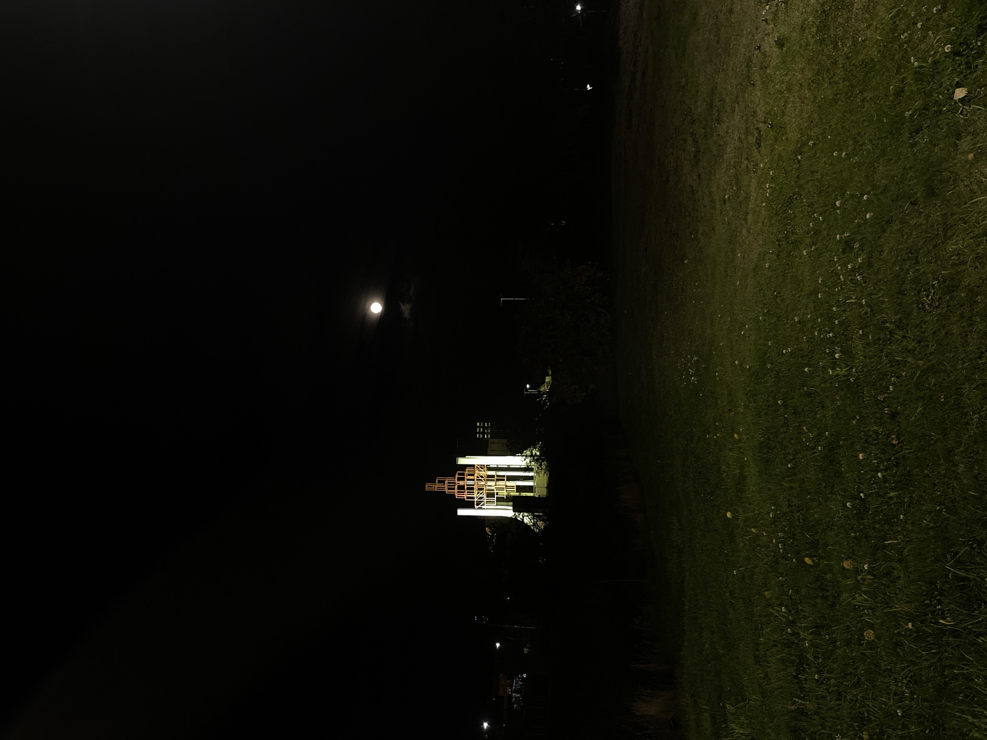 The image shows a night scene in Ushuaia, Argentina. A large, illuminated sculpture is centrally located, constructed from a series of geometric shapes. To the left of the sculpture, a full moon is visible in the night sky. To the right is a grassy area with small white flowers. Streetlights are visible in the distance. The image is taken from a low angle, emphasizing the sculpture and the moon. The lighting is poor.