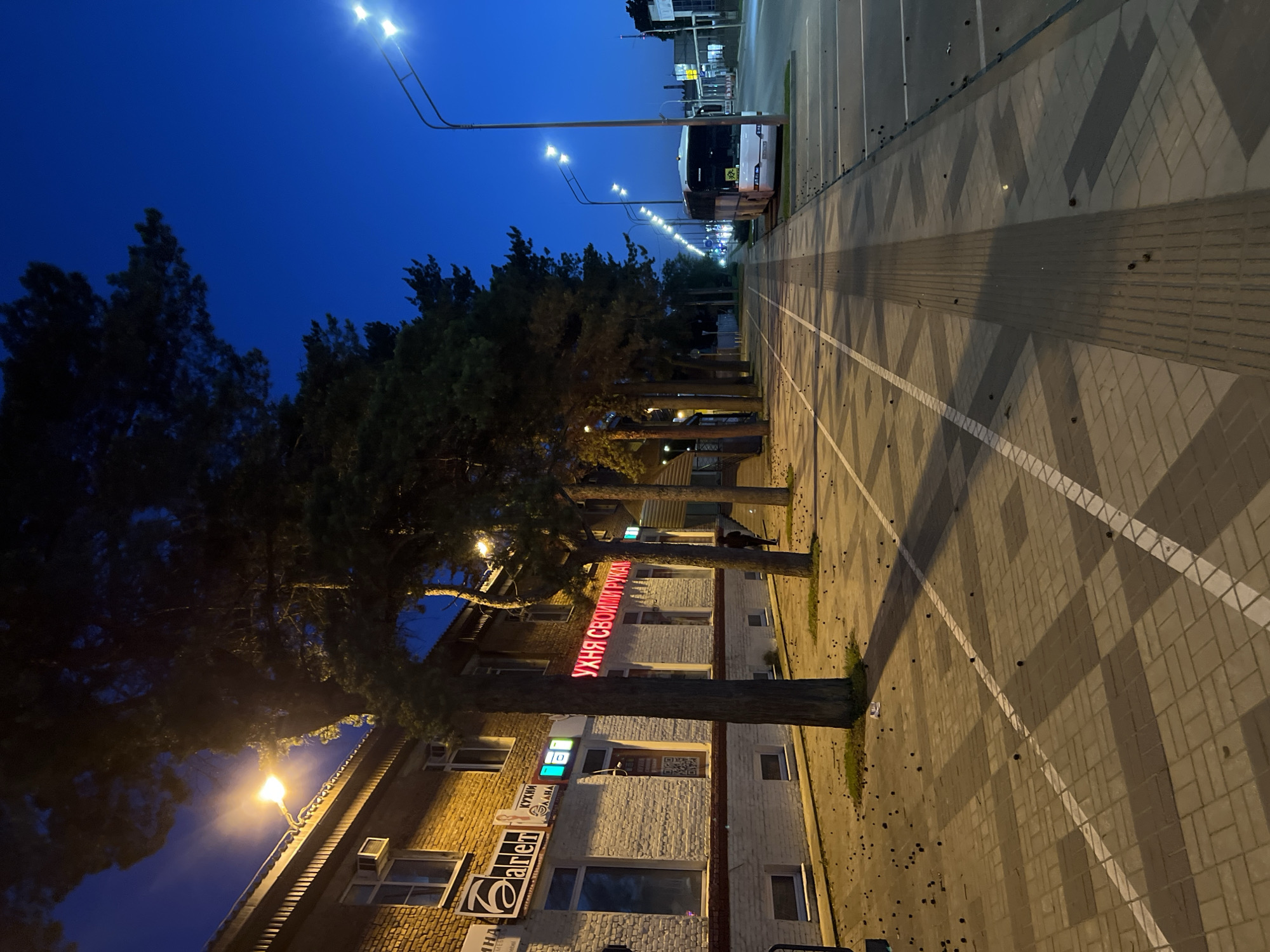 The image depicts a street scene in Krasnodar, Russia at night. The street is lined with trees, and streetlights illuminate the scene. A building is on the left side with signage written in Russian, one being "УХНЯ СВОИМИ РУКАМИ" in neon red letters. A bus is parked further down the street. The sidewalk is paved with patterned bricks, and white lines mark the street's lanes.