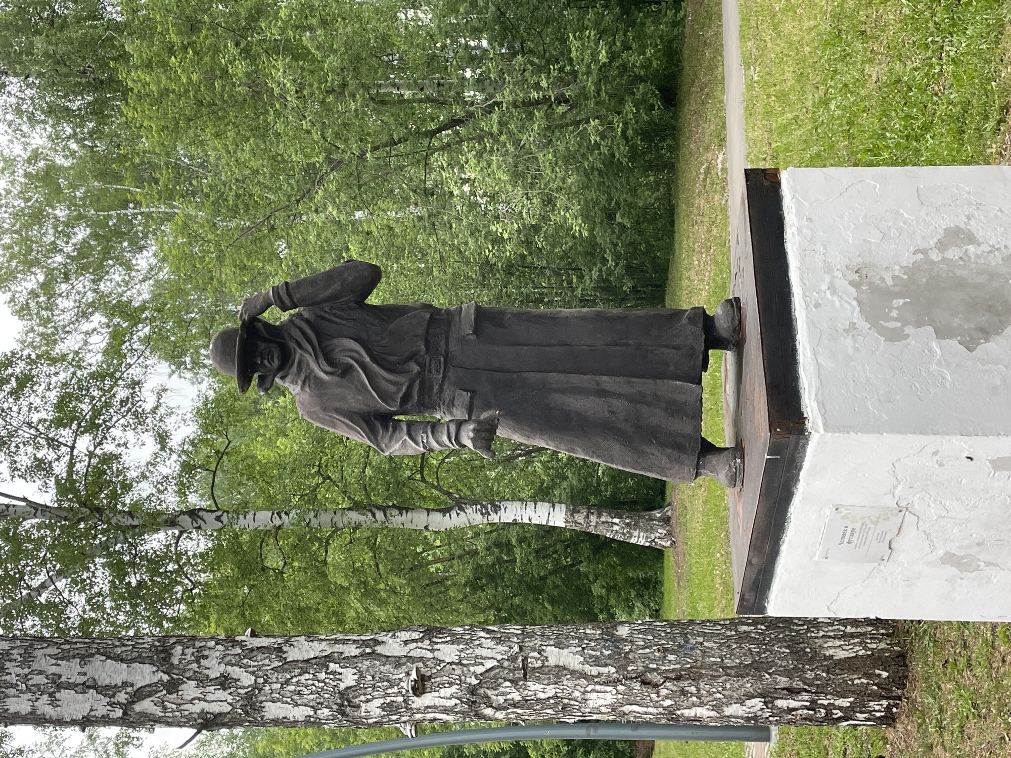 The image depicts a full-body statue of a man in a long coat and hat, posed as if shading his eyes with his hand. The statue is bronze-colored and stands on a two-tiered base; the lower tier is dark metal and the upper is painted white with peeling paint. A small plaque is affixed to the white base. The background includes green trees, birch trees, and grass suggesting a park setting. The statue is located in the city of Perm, Russia. A portion of a birch tree trunk and a horizontal pipe are in the immediate foreground.