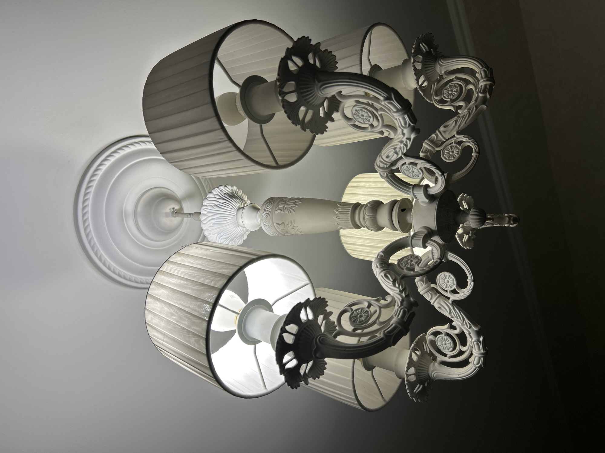 A white, ornate chandelier is prominently featured, hanging from a light-colored ceiling. The chandelier's central column and multiple arms are elaborately sculpted with intricate scrollwork, floral designs, and decorative carvings, giving it a classical or baroque aesthetic. Each arm holds a drum-shaped lampshade made of pleated, light grey fabric, through which illuminated light bulbs are visible, casting a warm glow.
Around the chandelier's attachment point on the ceiling, a decorative circular medallion with sculpted rings and rope-like patterns can be seen. The ceiling itself is plain and light-toned, contrasting with the detailed fixture. The lighting suggests an interior setting where artificial light is in use, as areas away from the direct illumination of the lamps are darker, creating a soft gradient towards the right side of the frame. No people or visible text are present. The decorative style of the chandelier and ceiling medallion is consistent with architectural features found in historical buildings, such as those in Saint Petersburg, Russia.