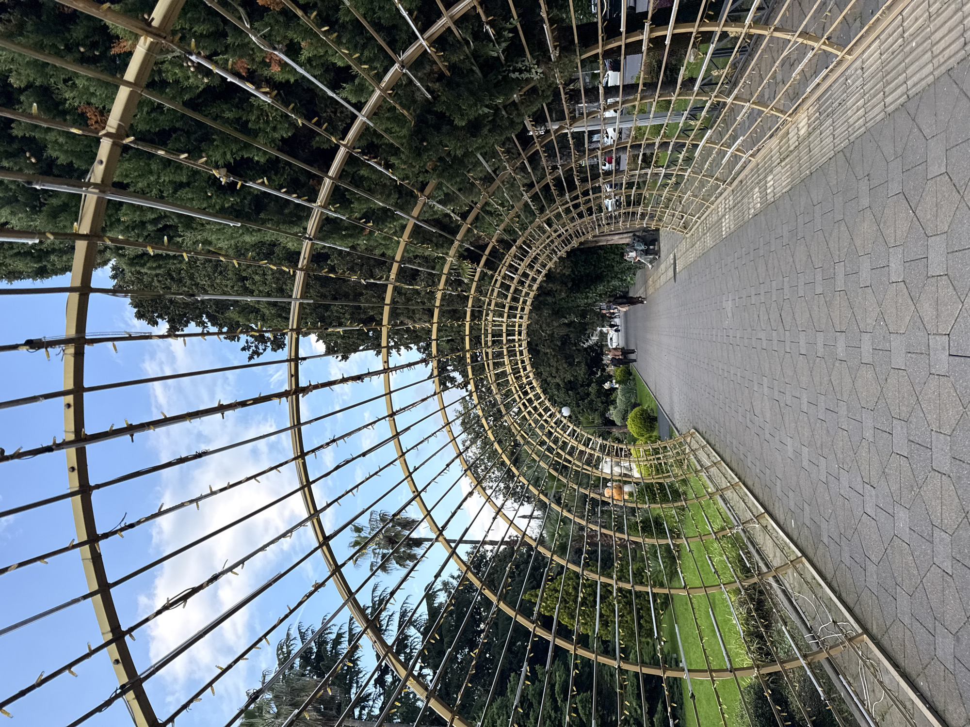 Captured from a slightly low angle, the photograph portrays a tunnel-like structure adorned with lights along a walkway. The structure is made of a grid-like metal framework. Through the framework, one can glimpse a combination of trees and blue sky with clouds. A paved pathway extends beyond the tunnel, dotted with greenery on the sides. In the distance, indistinct figures of people can be observed walking, adding a sense of scale. The location is identified as the city of Sochi, Russia.