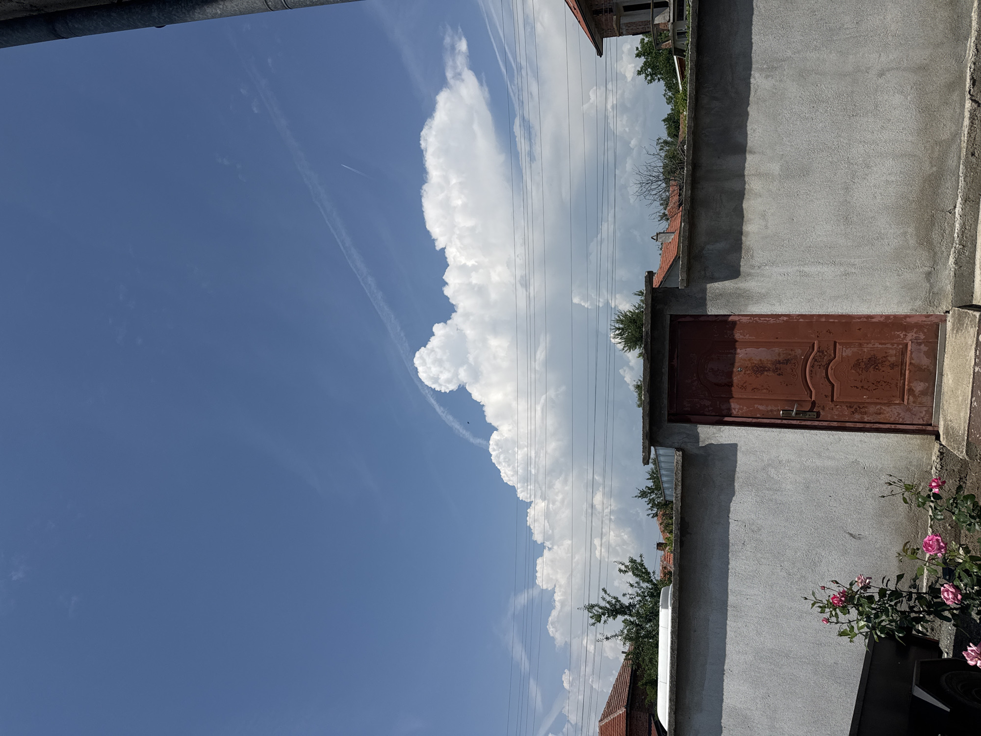 The image depicts an exterior scene in Sarnevo, Bulgaria, under a bright, sunny sky with scattered cumulus clouds. The upper half of the frame is dominated by a clear blue sky featuring multiple white contrails, one distinctly formed by a small aircraft visible in the upper right quadrant. A large, fluffy cumulus cloud occupies the middle-right portion of the sky, with smaller clouds distributed across the horizon. Multiple horizontal power lines traverse the mid-ground.
The lower half of the image features a textured, light gray concrete or stucco wall extending across the frame. A prominent horizontal shadow is cast across the upper section of this wall, below its flat coping. An aged, dark reddish-brown door with decorative paneling and a visible handle is set into the wall on the right side, accessed by a single step. To the left of the door, a small cluster of pink roses is in bloom at the base of the wall. A dark utility trailer or similar vehicle is partially visible on the far left, behind the roses, with a tire discernible. Above the wall, in the background, the red-tiled roofs of houses are visible, interspersed with green trees and some bare-branched vegetation. On the far right, a building under construction, showing exposed concrete and rebar, is partially visible, and a dark vertical pipe or pole extends along the extreme right edge of the frame. No individuals are present in the scene.