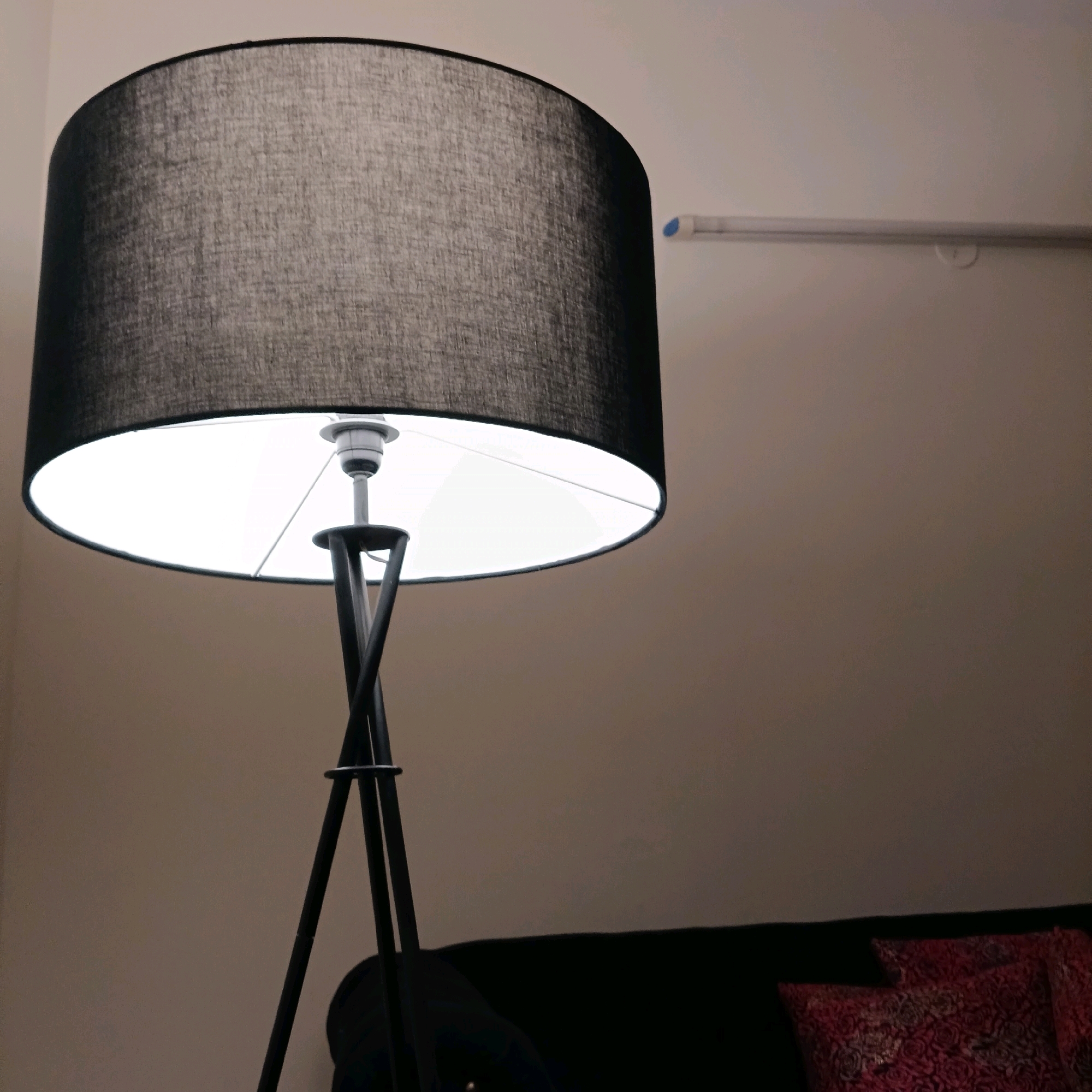A floor lamp with a large, black fabric lampshade stands in the foreground, casting a warm glow. The lamp has a dark, twisted metal base. Behind the lamp, a dark sofa with two decorative red pillows is partially visible. A white fluorescent light fixture is mounted horizontally on the plain, light-colored wall in the background. The overall impression is one of a dimly lit, indoor space. This image does not provide any specific details about the city of Bengaluru, India.