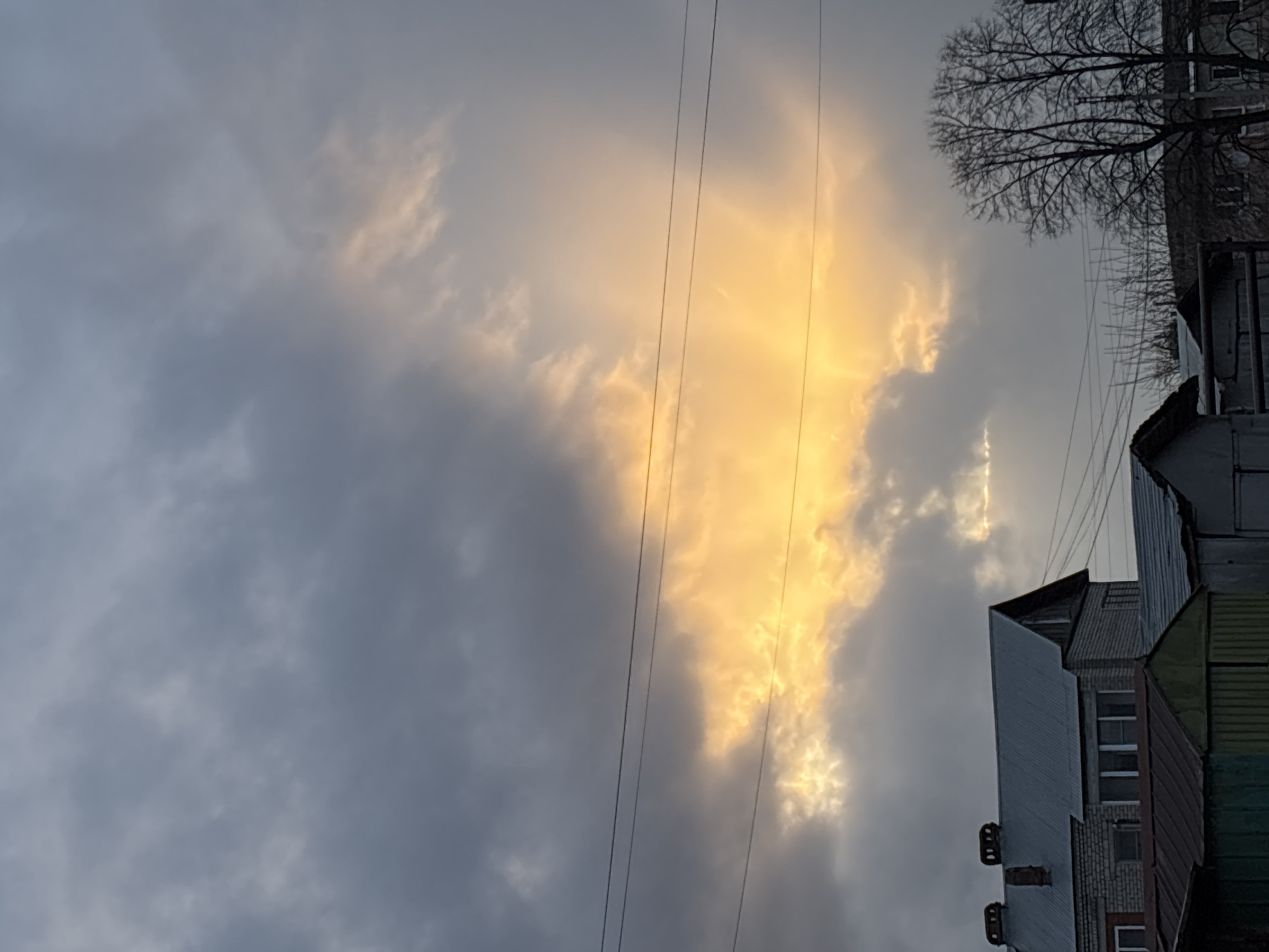 The image displays a dramatic sky over an urban or suburban landscape in Фоки, Russia. The sky is largely covered by dense, dark grey clouds, but a prominent section on the upper right side is intensely illuminated by a brilliant golden-yellow light, strongly suggesting either a powerful sunrise or sunset breaking through the cloud cover. This luminous area creates a striking contrast with the surrounding darker clouds.
Multiple dark power lines run vertically across the frame, dissecting the sky. In the upper right corner, the intricate, bare branches of a deciduous tree are visible, silhouetted against the brighter sky, indicating a season without foliage like winter or early spring.
Along the right and bottom edges of the image, parts of several buildings are seen. These structures, possibly residential or utilitarian, feature various roofing types, including corrugated metal, and some exhibit brick facades with visible windows. One building displays what appear to be ventilation pipes or small chimneys on its roof. The architecture seems functional and unadorned. There is no human activity or visible text present in the scene. The overall impression is one of quiet majesty, with nature's light display dominating the urban environment.