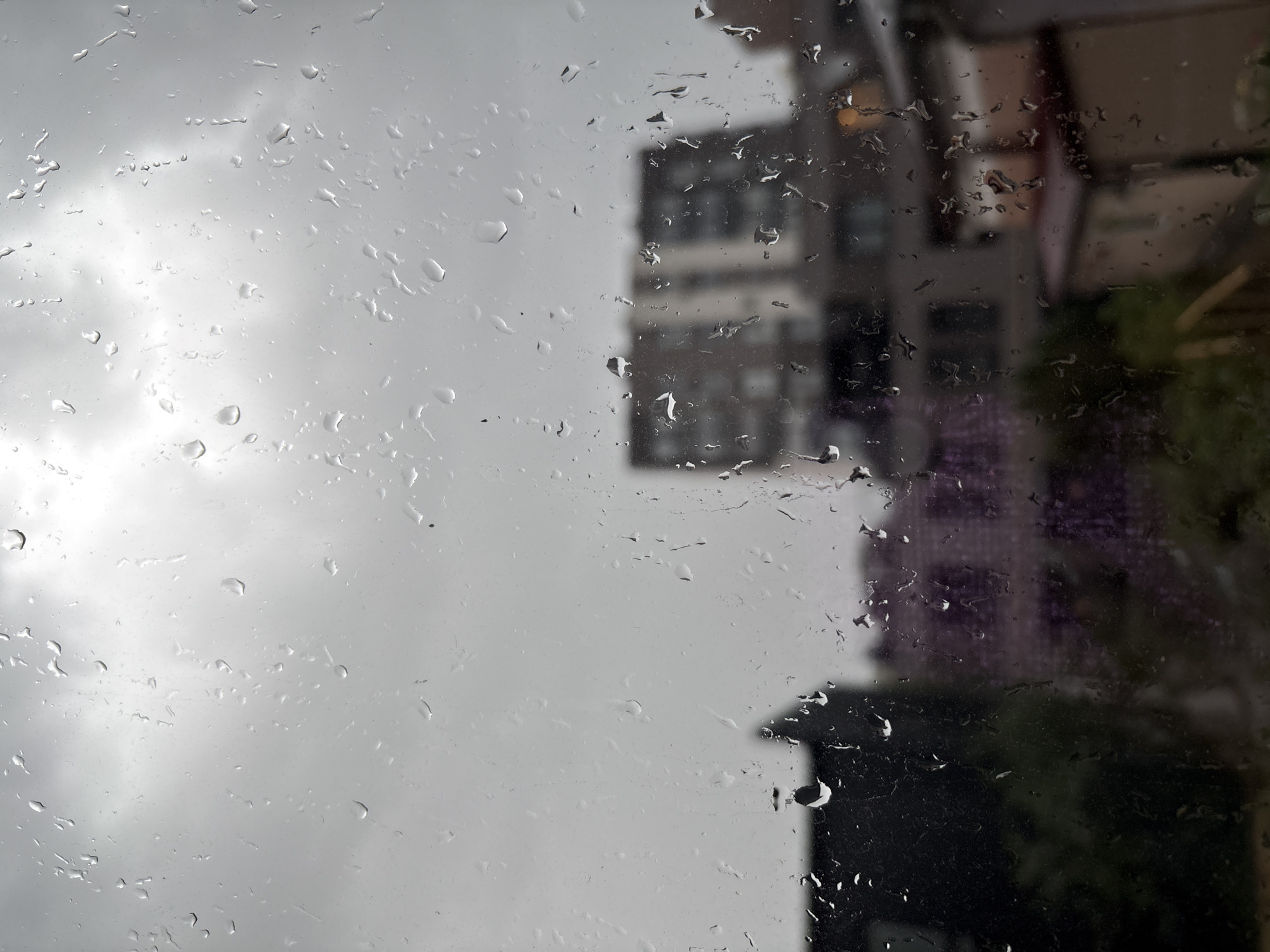 The image depicts a view through a rain-streaked window. Water droplets of varying sizes are scattered across the glass, distorting the scene beyond. The background is overcast and blurred, with the suggestion of urban structures. In the mid-ground, several buildings are visible, appearing as indistinct shapes due to the rain and focus. One building is a dark, rectangular structure on the left. To its right, a building with a patterned facade, possibly purple, is discernible. Further to the right, a lighter-colored building with a pitched roof is partially visible. The sky is a uniform, dull gray, indicative of a rainy day. There are no people or discernible actions taking place. The overall impression is one of a somber, wet atmosphere observed from indoors. The location is specified as the city of Stryi, Ukraine.