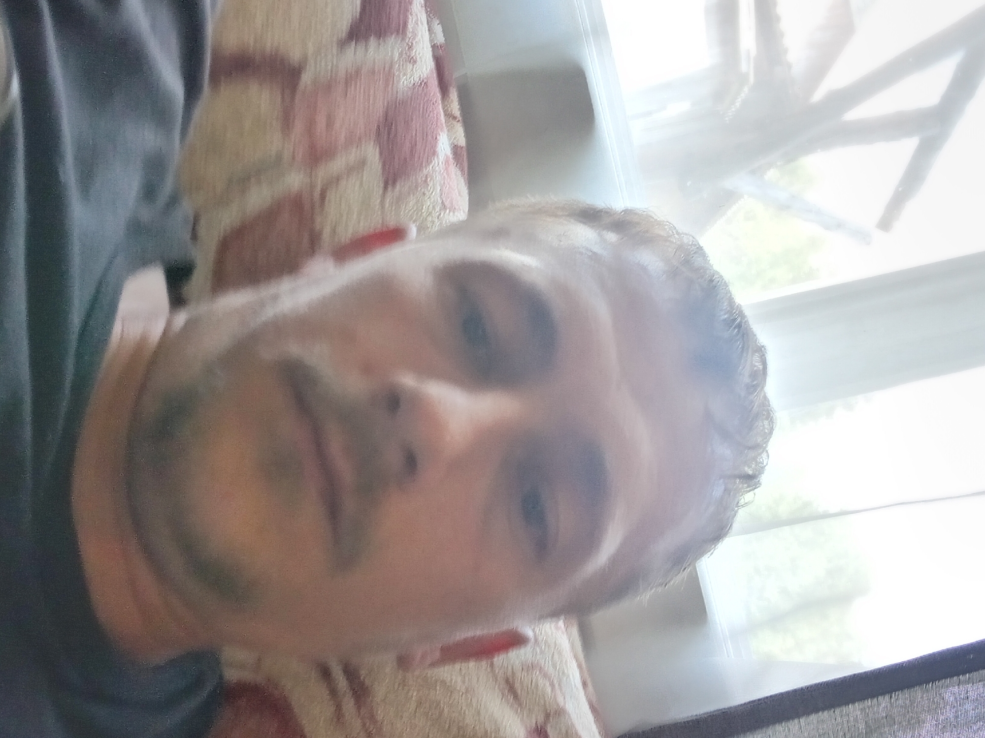 A close-up, over-the-shoulder selfie is taken indoors by a Caucasian male who appears to be in his late 30s or early 40s. He has light brown hair that is wet and styled upwards, light skin, and a light mustache. He is wearing a dark gray t-shirt. The man is lying on a couch with a patterned throw blanket, possibly a couch cover, that has a pink, white, and beige geometric pattern. The background suggests a room with a large window, partially covered by a sheer white curtain, and a darker curtain on the right side. Through the window, wooden beams of a structure and green foliage are visible, indicating an outdoor view. The scene is lit by natural light coming from the window. The image is blurry and lacks sharp detail.