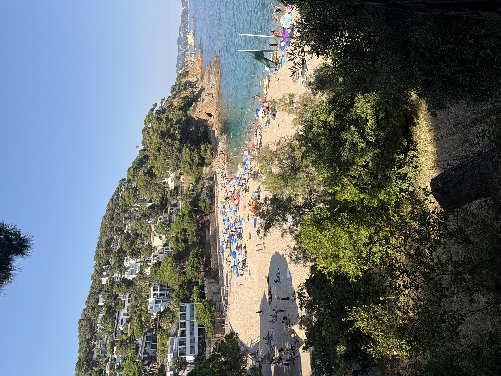 A crowded, sandy beach situated in a cove in Blanes, Spain, is depicted under a clear, bright blue sky. The beach is populated with numerous beachgoers, many of whom are seated or lying on the sand, while others are wading or swimming in the turquoise water. A multitude of colorful umbrellas dot the sandy expanse, providing shade for the visitors. The shoreline is lined with lush green trees and vegetation, with houses and buildings nestled on the hillside overlooking the bay. Rocky outcrops rise from the sea, adding to the picturesque coastal scenery. A small green sailboat is visible in the water, near the shore. The foreground features dense green foliage, partially obscuring the view of the beach and sea.
