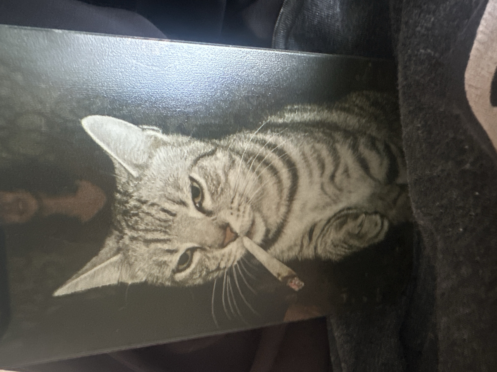 The image shows a glossy print of a gray tabby cat reclining and holding a lit cigarette in its mouth. The print is held in someone's lap, with a dark gray or black material visible to the right and dark clothing visible on the top. The background of the print is a dark, mottled color. The print's surface is reflective. The location is not discernible from the image.