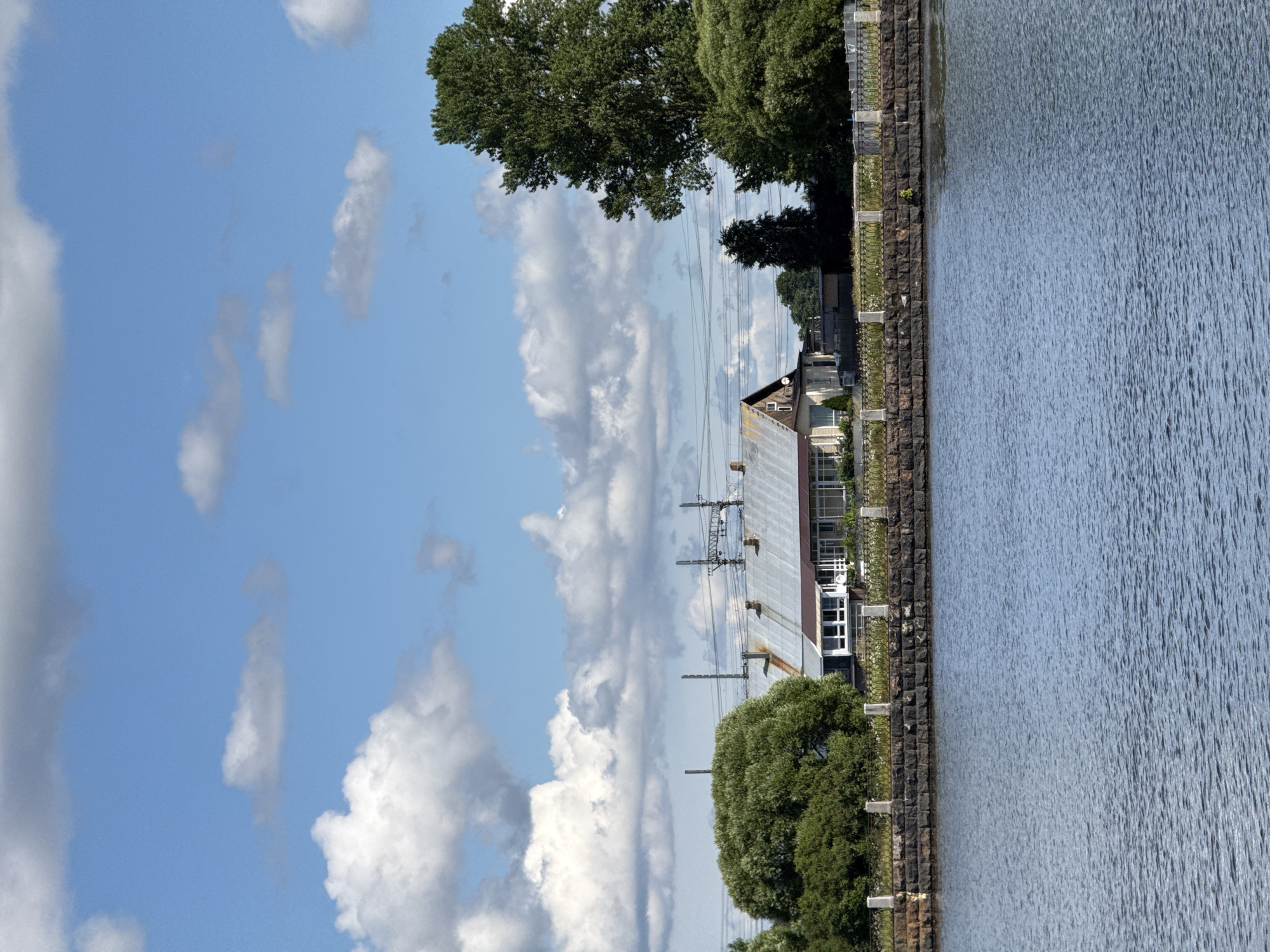 The image depicts a scenic view of the Vyborg Bay in Vyborg, Russia. In the foreground, calm blue water stretches across the frame. A stone embankment lines the shore, topped with a decorative metal fence and a strip of green vegetation. Behind the embankment, a long, light-colored building with a metallic roof and a pitched roofline is visible. This building appears to be a historical structure, possibly part of a waterfront development or an old industrial complex. The background is dominated by lush green trees and a bright blue sky filled with fluffy white clouds. Overhead, power lines and poles suggest the presence of infrastructure near the shoreline. The overall impression is one of a tranquil, somewhat pastoral setting within a city.