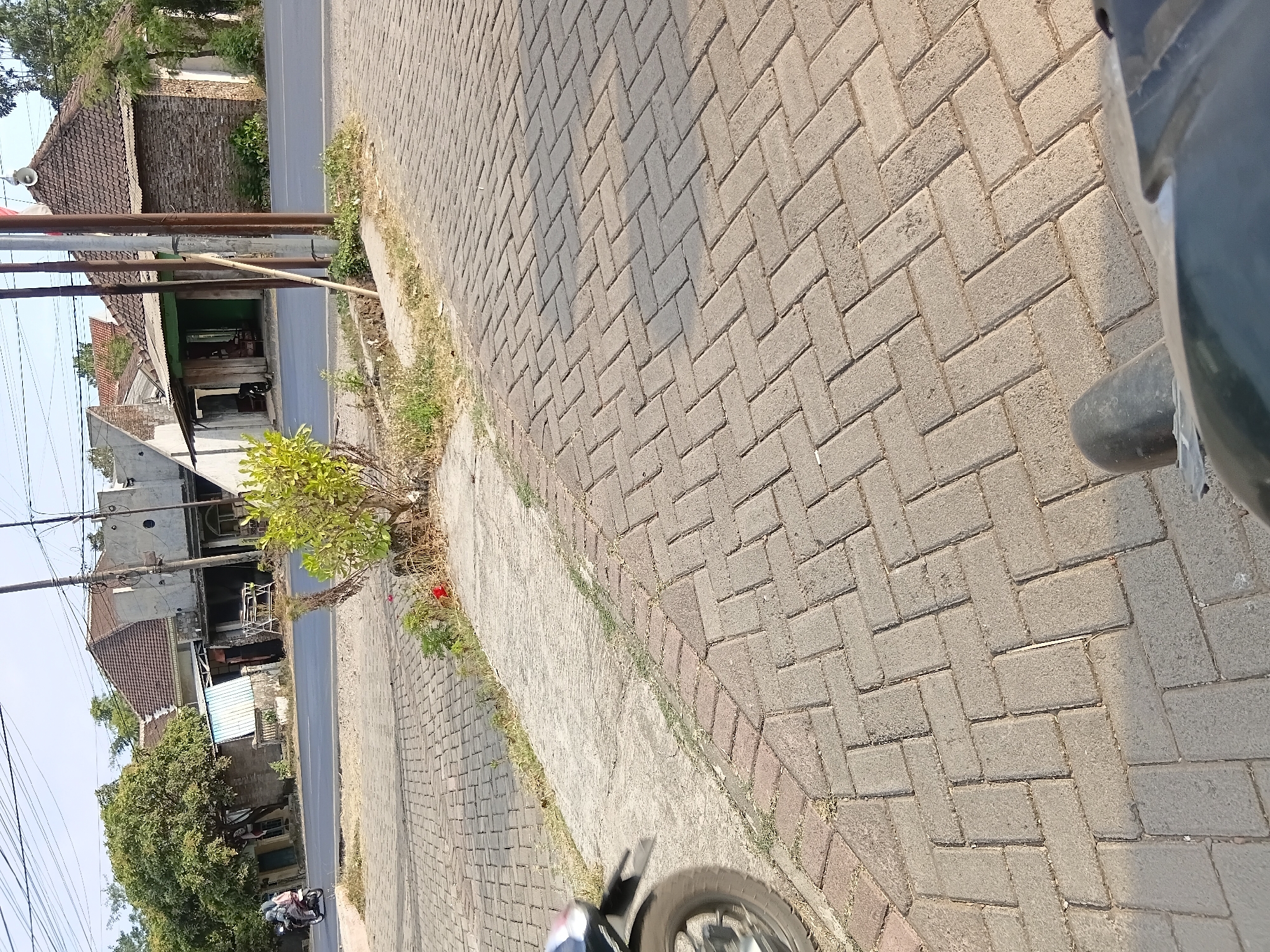 The image captures a street scene in Tanggul Wetan, Indonesia. The foreground is dominated by a textured paving stone walkway laid in a herringbone pattern. To the left, a portion of a motorcycle's front wheel and fender is visible, suggesting the vantage point is from another motorcycle or scooter. In the middle ground, a paved road runs horizontally, with a narrow patch of dry grass and a small, leafy bush separating it from the walkway. Beyond the road, a row of buildings lines the street. These structures appear to be shops or homes, some with tiled roofs and others with corrugated metal awnings. A few trees with dense foliage are present, and a person on a motorcycle, wearing a hijab, is traveling on the road. The background shows more buildings and trees under a clear, bright sky. Power lines are visible crisscrossing the sky above the buildings. The overall impression is a typical roadside view in a small town or rural area.