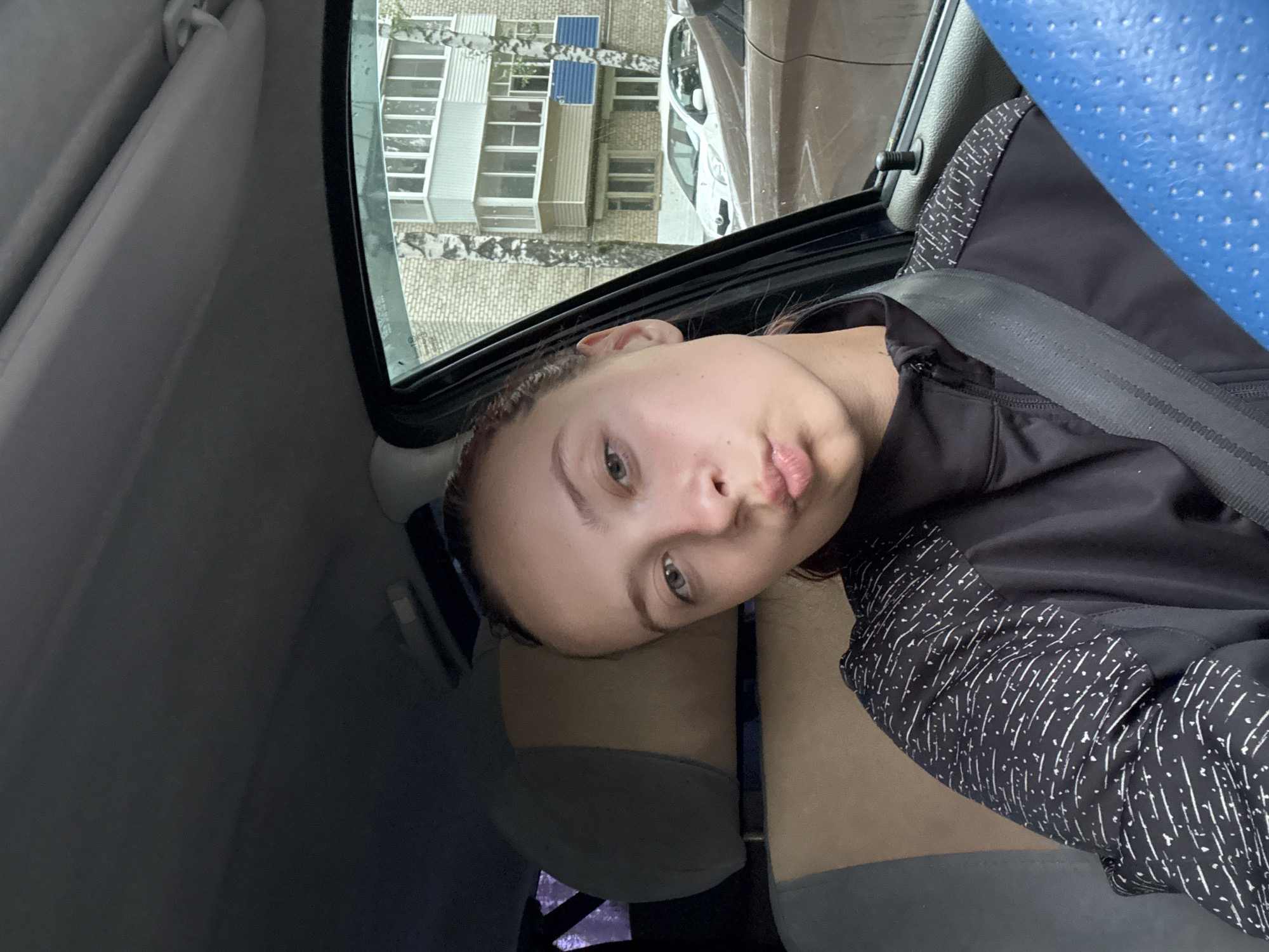 A young adult female is depicted from the chest up, positioned inside a vehicle, and making a "pout" expression towards the camera. She has light-colored eyes and her hair is pulled back, with a subtle reddish tint visible near her temple. She wears a black zippered jacket featuring a white dashed and dotted pattern on the shoulders and upper arms. A grey seatbelt is fastened across her chest and left shoulder. Partially visible in the lower right is a blue, perforated steering wheel cover. The car's interior features a light grey headliner and a two-tone seat with a tan/beige upper section and a grey lower section. Through the passenger-side window, an urban street scene is visible. A multi-story apartment building constructed of light brown bricks is prominent in the background, featuring numerous windows and balconies, one with a distinct blue rectangular panel underneath. Several birch trees with white bark are interspersed in front of the building. Two parked cars are visible: a white Toyota Yaris/Vitz hatchback (XP90 generation) is behind a partial view of a dark brown or bronze vehicle in the foreground. The lighting suggests an overcast day. This scene is located in the city of Chaikovsky, Russia.