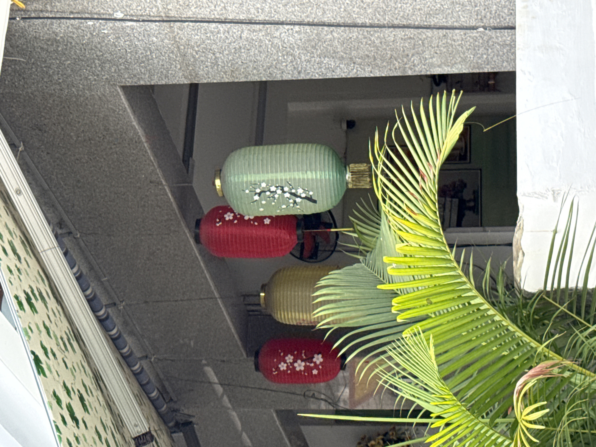 The image shows a view of an awning with a green and white leaf pattern above a textured grey concrete wall. Four lanterns are hanging from wires. Two are red with white floral patterns, one is golden and ribbed, and the largest is pale green with a white floral pattern. In the foreground, bright green palm fronds are prominent. The scene appears to be an outdoor area, possibly a shop front or balcony, in Nha Trang, Vietnam, given the style of the lanterns and the vegetation. A small black security camera is visible mounted on the grey wall in the background, to the right of the pale green lantern.
