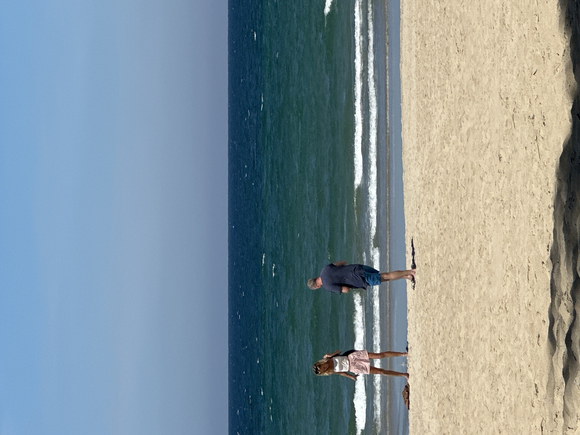 The image depicts a wide shot of a sandy beach on a clear, sunny day. The ocean, with its deep blue and turquoise waters, stretches across the horizon, marked by gentle waves breaking on the shore. In the foreground, the golden sand is smooth, with some darker areas indicating shadows cast by unseen objects.
On the beach, two individuals are present. A woman with blonde hair is standing on the left, wearing a white top and pink shorts. She appears to be looking down, perhaps at her phone or the sand. A man with graying hair is standing to her right, wearing a dark blue t-shirt and blue shorts. He is also looking down, with his hands in front of him. Both individuals are spaced apart and do not appear to be interacting.
In the distance, near the water's edge, a small, dark object, possibly a towel or bag, lies on the sand to the left of the woman. The environment suggests a leisurely day at the beach, possibly in the city of Đà Nẵng, Vietnam, known for its beautiful coastline. The sky above is a pale, clear blue, devoid of clouds. The overall scene conveys a sense of tranquility and summer vacation.