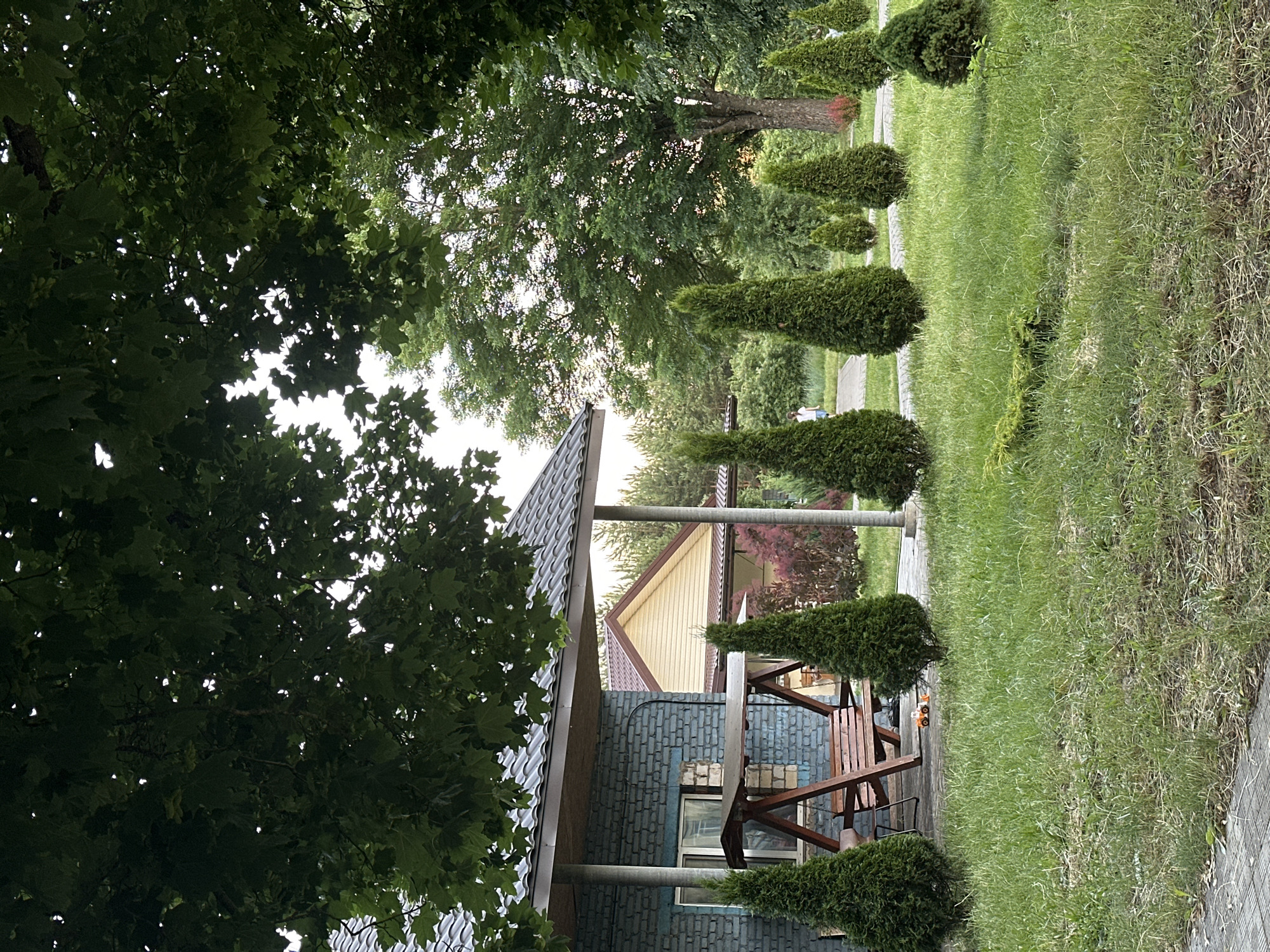 The image depicts a yard area in Завалочыцкі сельскі Савет, Belarus. In the foreground, a paved path is visible leading to a grassy lawn with several manicured evergreen trees in a conical shape. To the left, a light blue brick building with a gray shingled roof has a porch area with a wooden swing set. Further in the background, a house with a yellow siding and a brown roof is visible, as well as a large deciduous tree and more evergreen trees. A person is walking on a path in the distance. There is a small orange toy tractor on the ground near the swing set.