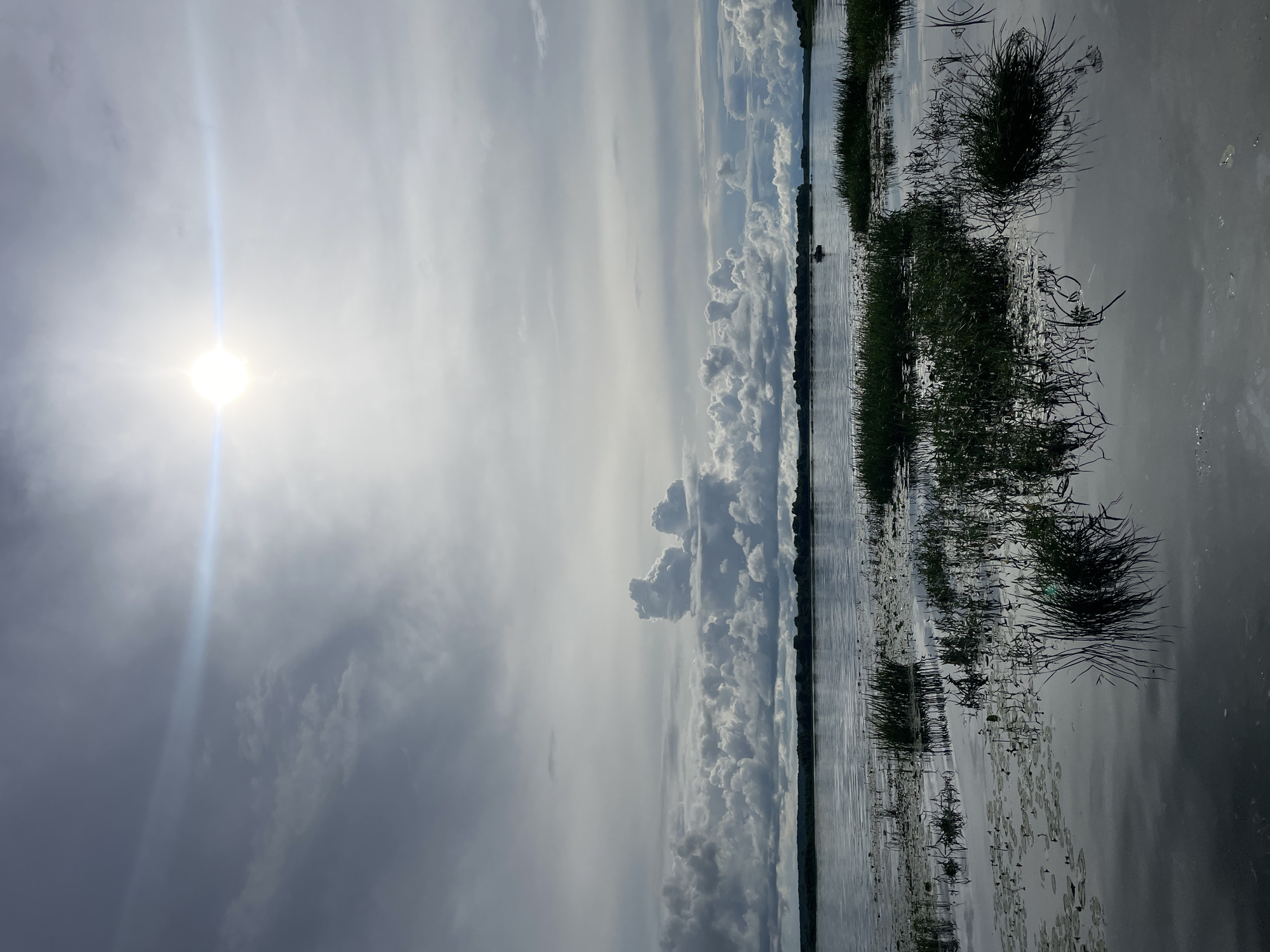This is a landscape photograph taken at Makar'evo, Russia. The image captures a wide expanse of water, likely a lake or river, under a partly cloudy sky. The sun is visible as a bright, glaring orb in the upper center of the frame, casting a lens flare across the sky. The clouds are a mix of dark, heavy formations and lighter, scattered wisps. The water's surface is calm, reflecting the sky and the distant treeline. In the foreground, patches of reeds and water lilies emerge from the water, casting dark reflections. On the horizon, a dense line of trees marks the edge of the land. A small boat can be seen in the middle distance on the water. The overall mood is serene and natural.