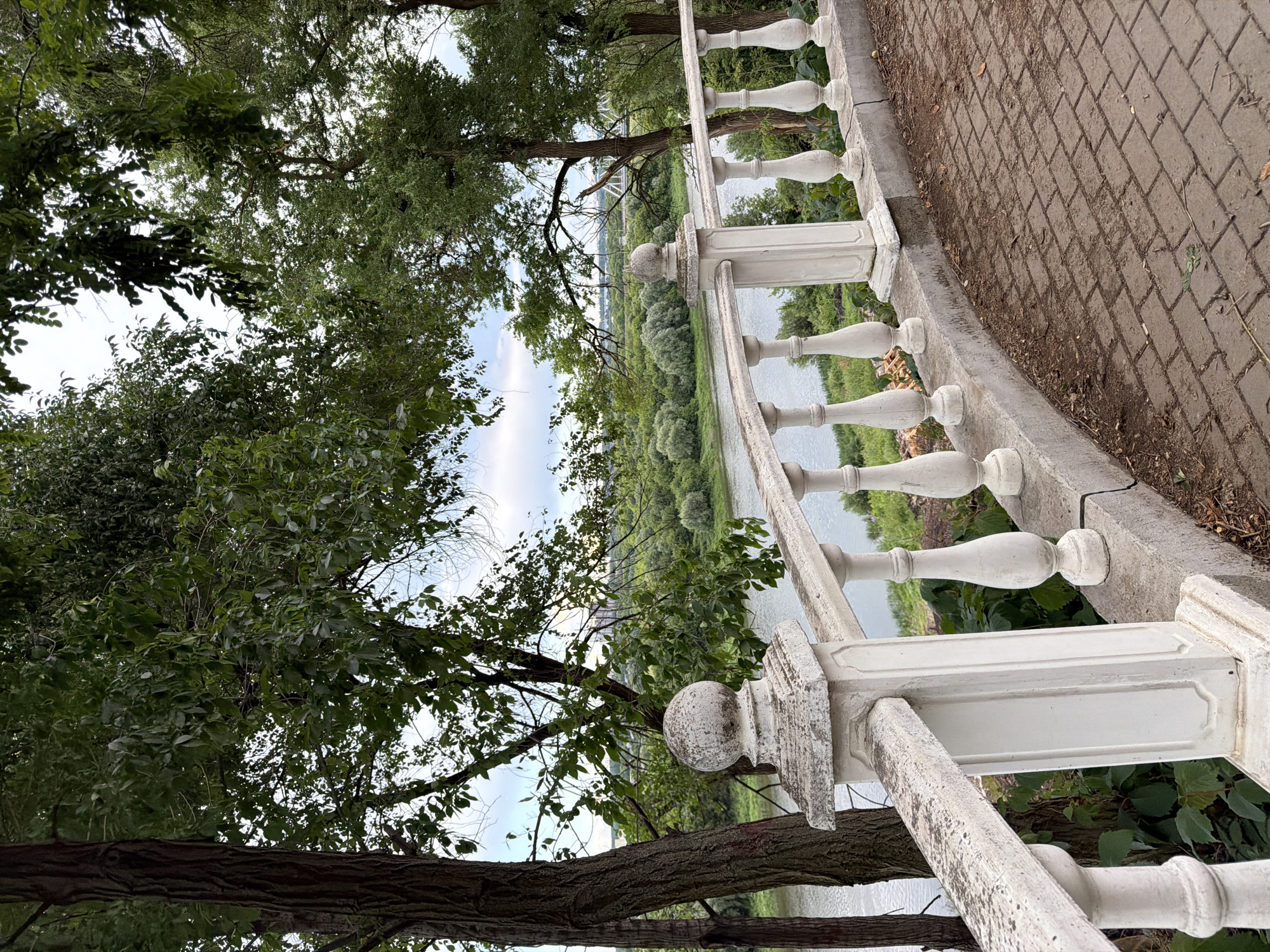 The image depicts a paved walkway with a white balustrade overlooking a river and a densely wooded area. The balustrade is made of concrete and features decorative spindles and a spherical finial on a central post. The walkway is laid with reddish-brown pavers, some of which are covered with scattered leaves and dirt. In the foreground, a large tree with textured bark is visible on the left. The river flows gently, with its banks lined with green foliage and trees. The background shows a further expanse of trees and a hazy skyline with hints of structures. The sky is overcast with a soft, diffused light. This scene is located in the city of Semiluki, Russia, specifically near the Voronezh River embankment, a popular area for recreation.