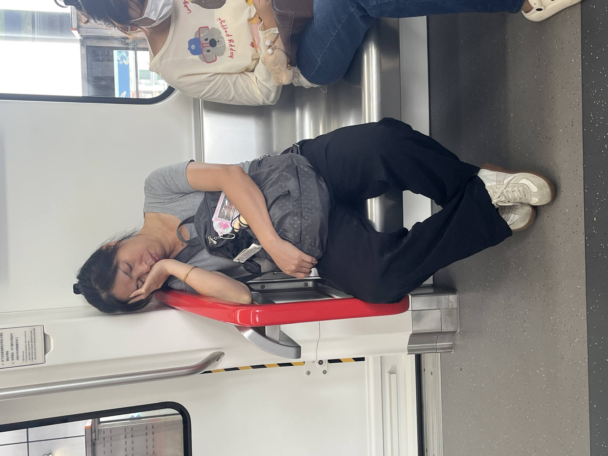 The image depicts two women seated on a train. The woman on the left is asleep, with her head resting on her hand and her arm on a red pole. She is wearing a grey t-shirt, black pants, and white sneakers. A dark grey bag is on her lap. The woman on the right is wearing a light-colored long-sleeved shirt with a graphic print and blue jeans. She is also wearing a white face mask and a brown handbag is on her lap. The interior of the train is visible, with grey seats and a speckled grey floor. The scene appears to be in the city of Shunde District, China.