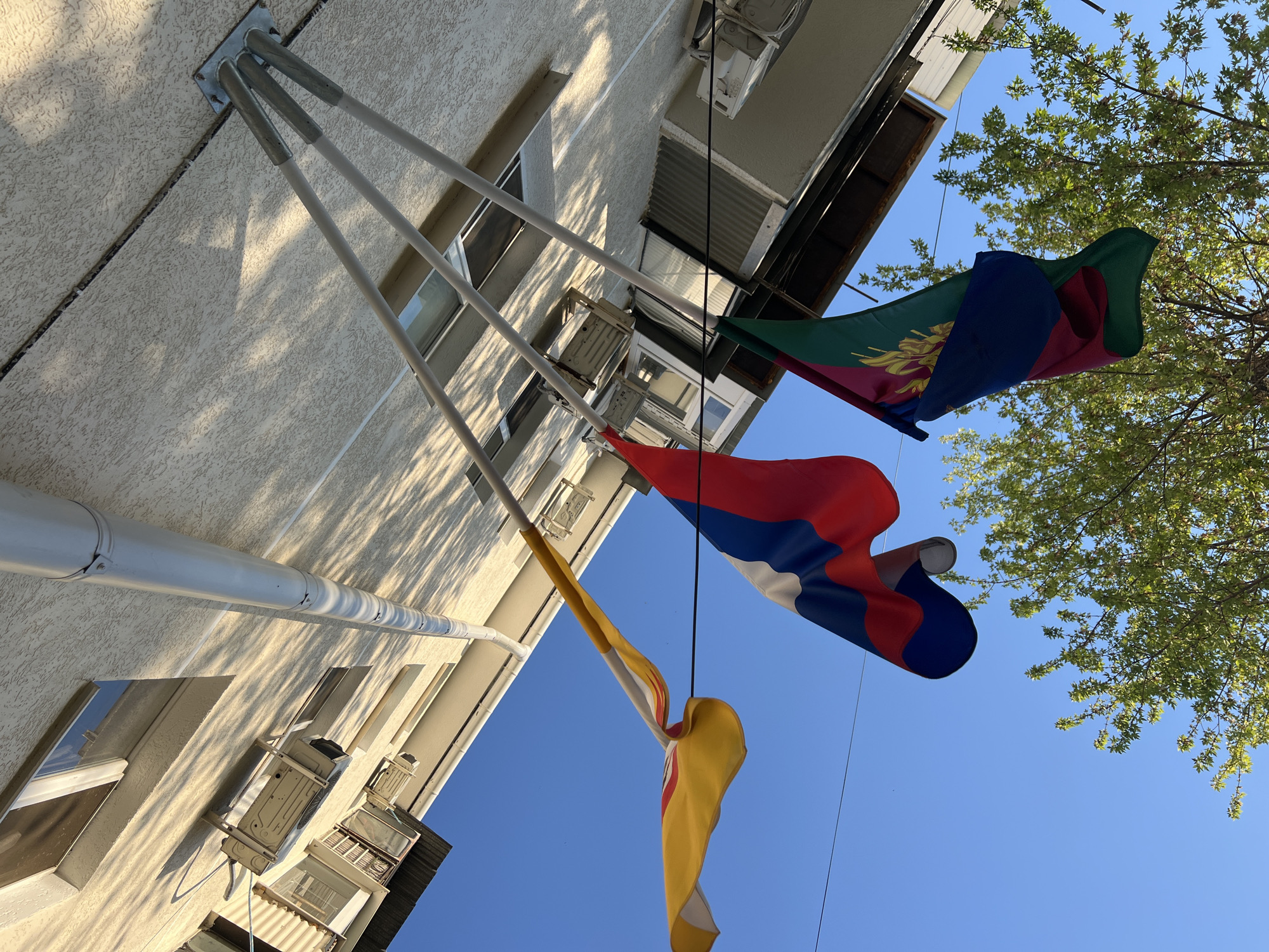 The image shows three flags attached to flagpoles extending from a building. The flags, from top to bottom, appear to be: a flag with green, blue, and maroon sections and a gold emblem; a flag with red, blue, and white horizontal stripes; and a flag with yellow, white, and red stripes. The building is off-white and has windows and air conditioning units visible. The sky is clear and blue. A tree with green leaves is visible in the upper right corner. The angle of the shot suggests it was taken from below. The location is identified as Krasnodar, Russia.