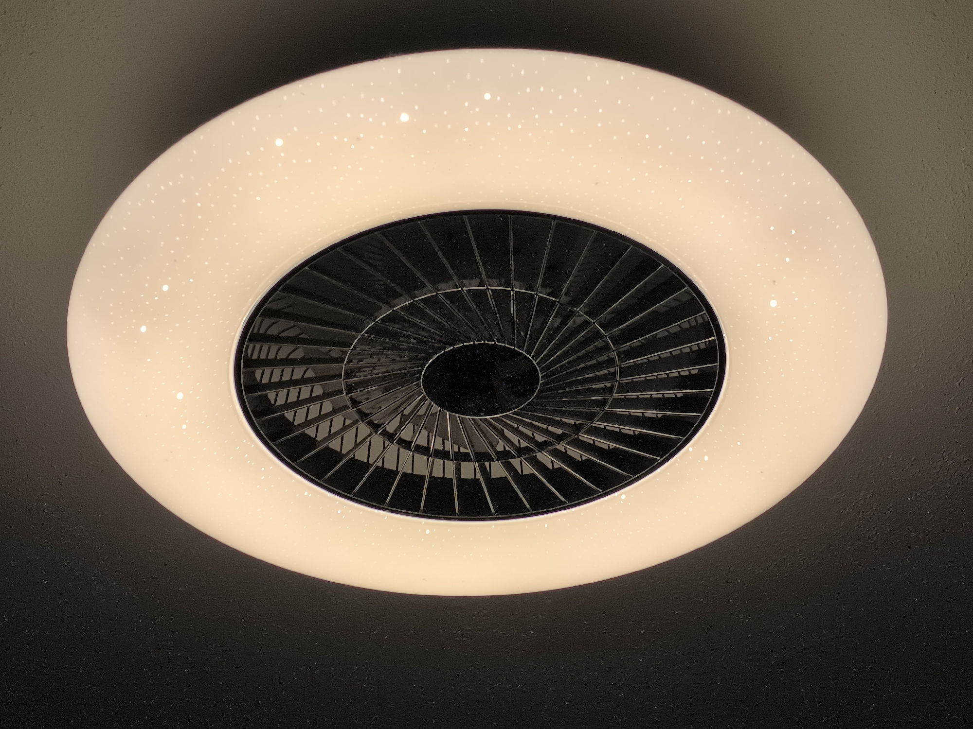 A flush-mount ceiling light fixture with an integrated fan is photographed from below. The fixture is circular and has a white outer ring with small, speckled light effects, resembling stars. The central part of the fixture contains a black fan with multiple blades, covered by a metal grille. The ceiling around the fixture appears to be a dark, textured surface. The image was taken in Dillingen an der Donau, Germany.