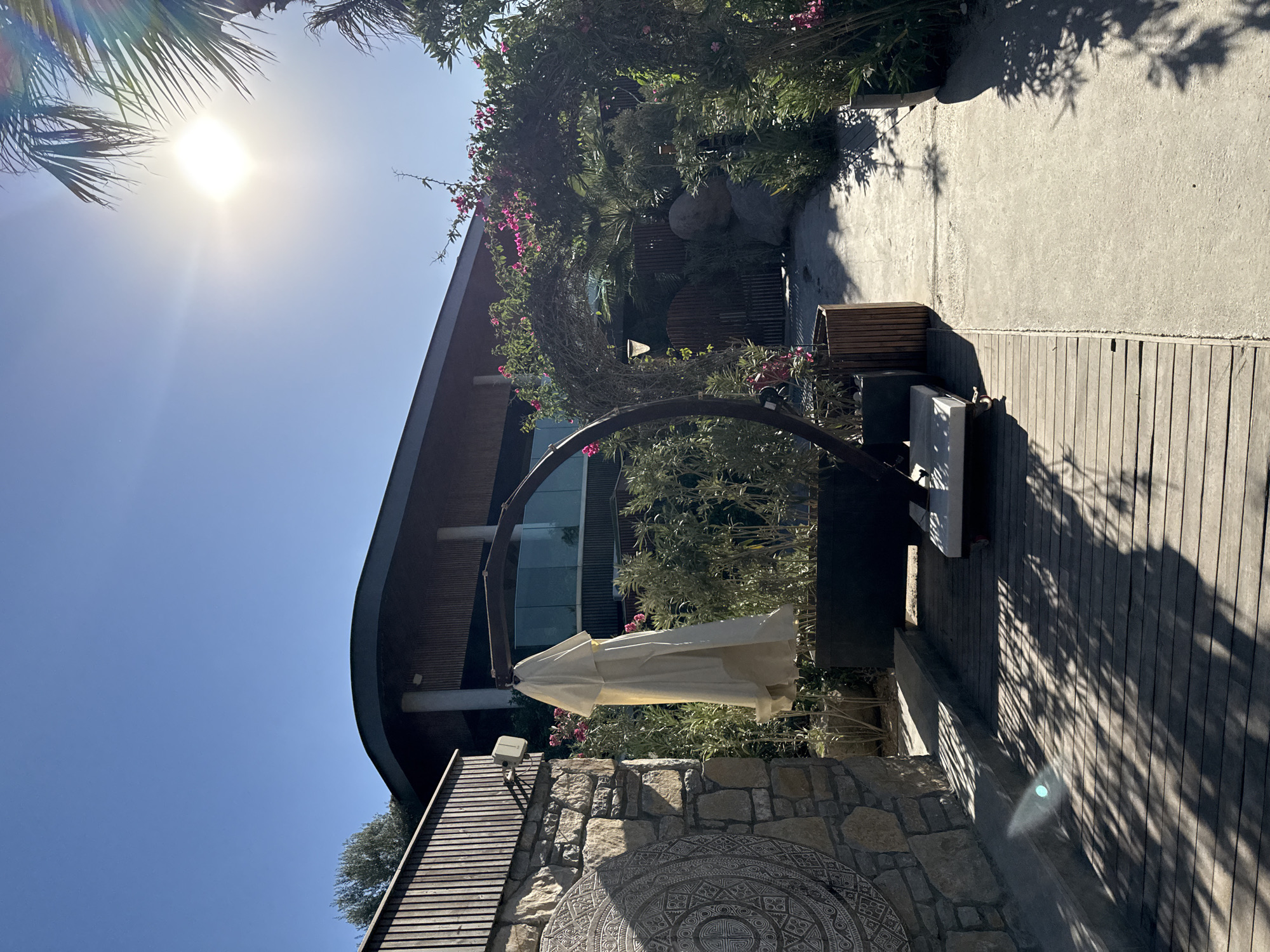 The image depicts a sunny outdoor scene at what appears to be a resort or upscale establishment in Bodrum, Turkey. In the foreground, a wooden deck is visible, with a white folded umbrella on a stand to the left, casting shadows across the planks. Adjacent to the deck is a stone wall adorned with an intricate circular mosaic. A pathway made of concrete leads into the background, bordered by lush greenery and flowering bushes. An archway formed by intertwined branches and foliage frames the entrance to a shaded area.
In the mid-ground, a contemporary building with a curved roof and large windows is partially visible. The building has wooden and possibly metal paneling on its facade. The sunlight is bright, indicating a clear day, and a palm tree frond is visible in the upper right corner, hinting at a coastal or tropical atmosphere. There are no people visible in the scene. The overall impression is one of a well-maintained outdoor leisure space.