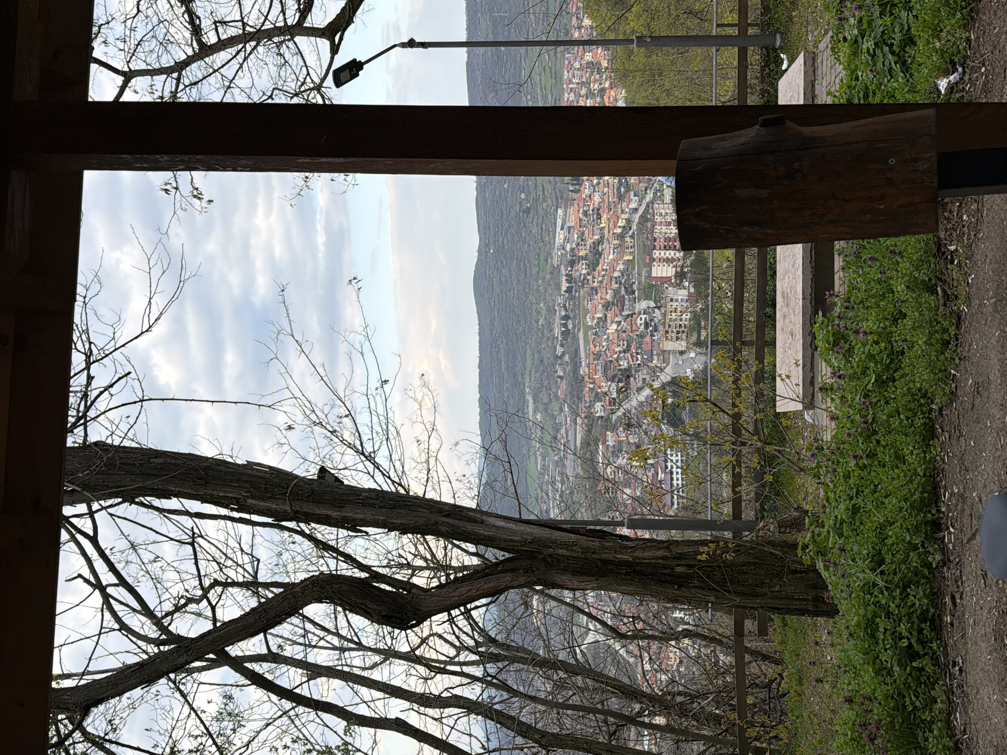 From a vantage point in Bratsigovo, Bulgaria, a view of the cityscape is framed by a wooden structure. Bare tree branches crisscross the foreground, partially obscuring the distant buildings nestled against a hillside. A single lamppost rises in the background, near the edge of the frame. A railing and green foliage border the edge of the viewing platform, with a partially visible wooden log serving as seating. The sky above is overcast with scattered clouds.