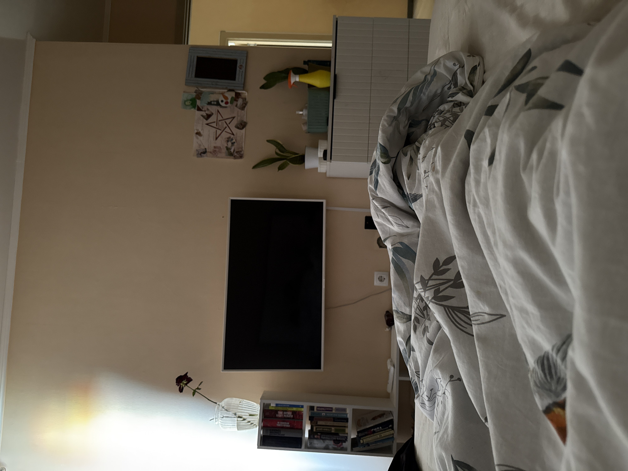 The image captures a bedroom scene, rotated 90 degrees counter-clockwise, viewed from a low perspective, likely from a bed. On the right, a bed is visible with a rumpled white duvet adorned with a pattern of green and grey foliage.
On the left side, a light beige wall serves as a backdrop for various objects. Mounted high on the wall is a light blue framed object, possibly an empty frame or small mirror. Below it, several smaller decorative items are taped, including a prominent image of a white five-pointed star (pentagram) enclosed in a circle.
A black television screen is centrally mounted on the wall. Below the TV, a small white bookshelf unit is filled with numerous books, many of which have Cyrillic titles. Visible titles include "ТОЧКА ОБМАНА" (Point of Deception), "НЕПОБЕДИМЫЙ" (Invincible), and "ТИНЕЙ" (Shadows), among others, indicating a Russian context. To the left of the bookshelf, a white, cage-like decorative item holds a single dried dark red flower. To the right of the TV, a white electrical outlet is present.
Above the TV's level, further to the right, stands a white cabinet or dresser. On its surface, a green leafy plant, a bright yellow spray bottle, and another small plant are arranged.
The room appears to be illuminated by natural light, casting a soft, warm gradient on the lower left portion of the wall, suggesting daytime. No people are present, and no specific activity is taking place; the scene depicts a static, personal living space set in Tobolsk, Russia.