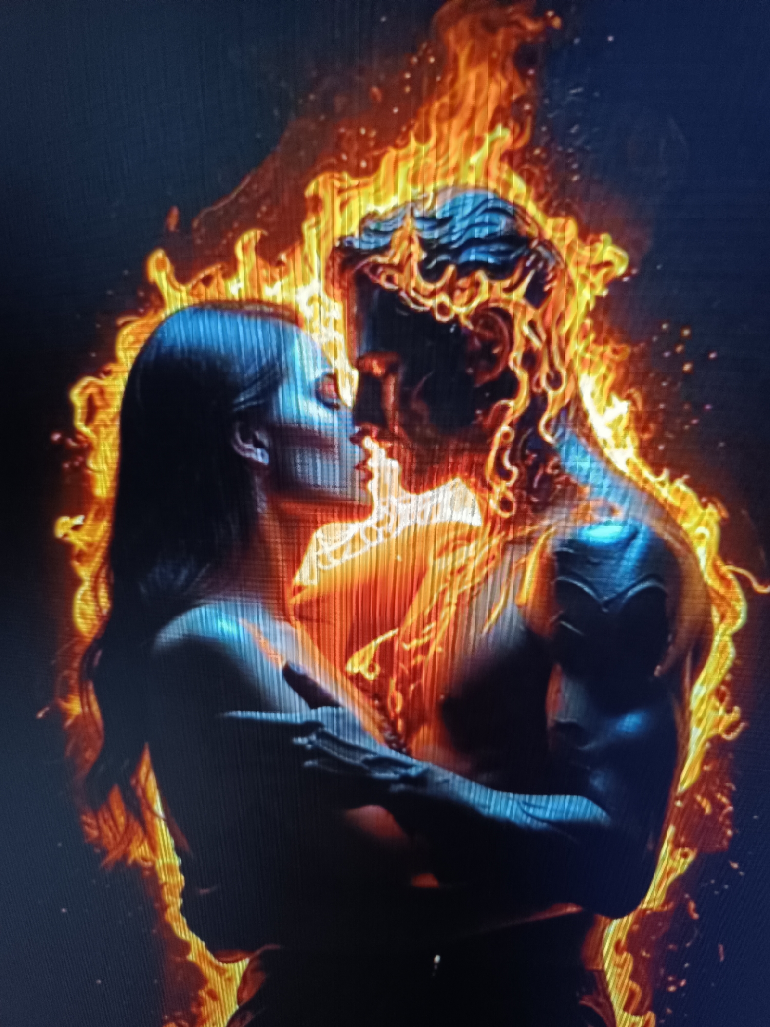 The image depicts a dark, dramatic scene featuring a man and a woman in an embrace, surrounded by intense orange and yellow flames. The man's body appears to be made of fire, with flames swirling around his head, shoulders, and arms. His skin has a blueish, almost metallic sheen where it is not engulfed in fire. The woman is silhouetted against the flames, her face turned towards the man. Her skin is illuminated by the fire, with highlights on her cheek and neck. She is wearing a dark garment. Both figures are in close proximity, their faces nearly touching, suggesting intimacy. The background is dark and indistinct, with small sparks of light scattered throughout the flames. There is no discernible connection to the city of Taraz city administration, Kazakhstan, in this image.