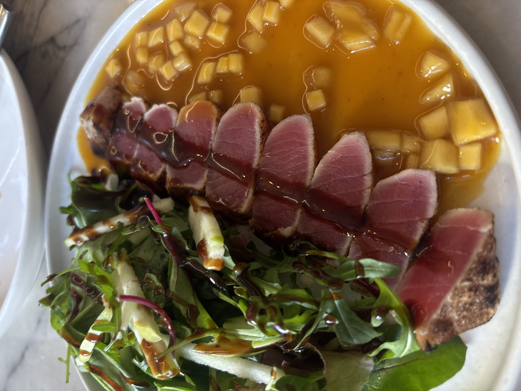 The image shows a plate of seared tuna with mango salsa and a green salad. The tuna is sliced and arranged in a row, drizzled with a dark sauce. The mango salsa consists of diced mango in a light brown sauce. The green salad is dressed with a similar dark sauce. The plate is white and appears to be sitting on a light-colored surface. There is no information to suggest the location is in Moscow, Russia.