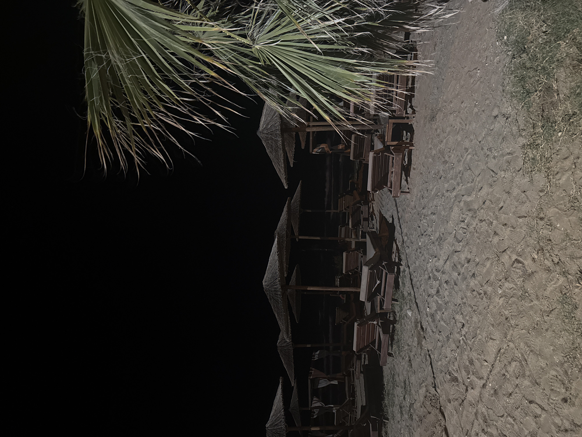 The image depicts a deserted beach at night in Georgioupoli, Greece. The scene is dominated by rows of empty wooden sun loungers and thatched umbrellas arranged on the sandy shore. The lighting is dim, suggesting artificial illumination or moonlight, casting long shadows and creating a somber atmosphere. In the foreground, a large palm frond partially obscures the view of the beach. The background is a dark expanse, hinting at the sea or a very dark sky. There are no people visible in the frame. The overall impression is one of stillness and emptiness, a beach set up for daytime use but currently unused under the cover of darkness.