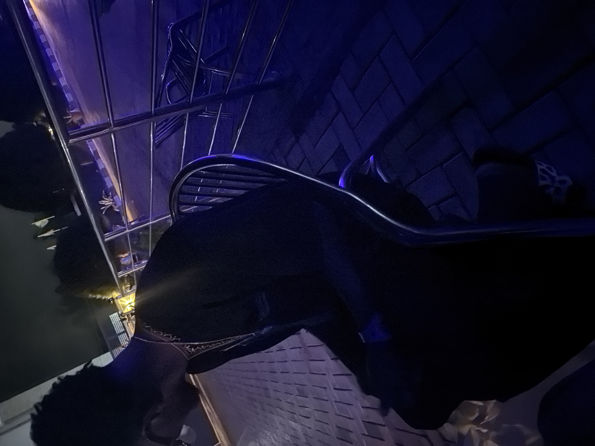 The image shows a person sitting on a chair at night. The setting appears to be an outdoor establishment with purple and blue lighting. The person is wearing dark clothing and a chain around their neck. The background shows a tiled wall and metal railings. The overall mood is dark and possibly relaxed, with the lighting suggesting a nightlife or entertainment venue. There is no visible text in the image.