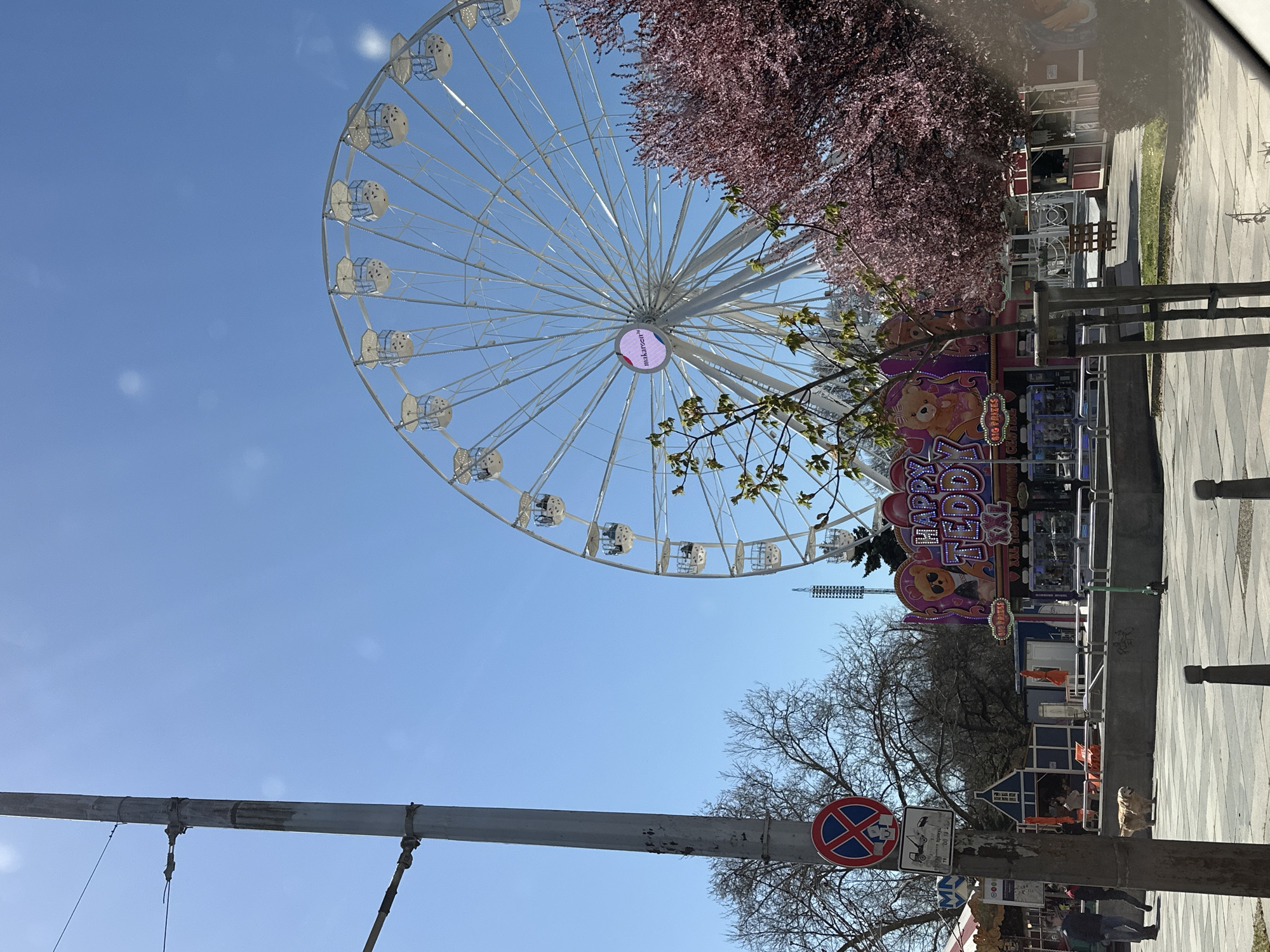 Captured from a low angle, the scene is a Ferris wheel in Sofia, Bulgaria. The wheel dominates the top left, its white frame a geometric contrast against the clear blue sky. The carriages are visible, appearing to be unoccupied. A large, bright pink sign is centered on the wheel. To the right, a flowering tree with reddish-pink blossoms adds a splash of color. Below the tree, a structure with “HAPPY TEDDY” displayed in bright, illuminated lettering can be seen, suggesting a carnival or fairground.
The lower portion of the frame is occupied by a street scene. A gray, utility pole runs vertically on the left. Attached to the pole is a blue and red no-stopping sign. The sidewalk, constructed of light gray, patterned tiles, stretches towards the right. People and objects are also present on the ground level, adding depth to the urban setting.
