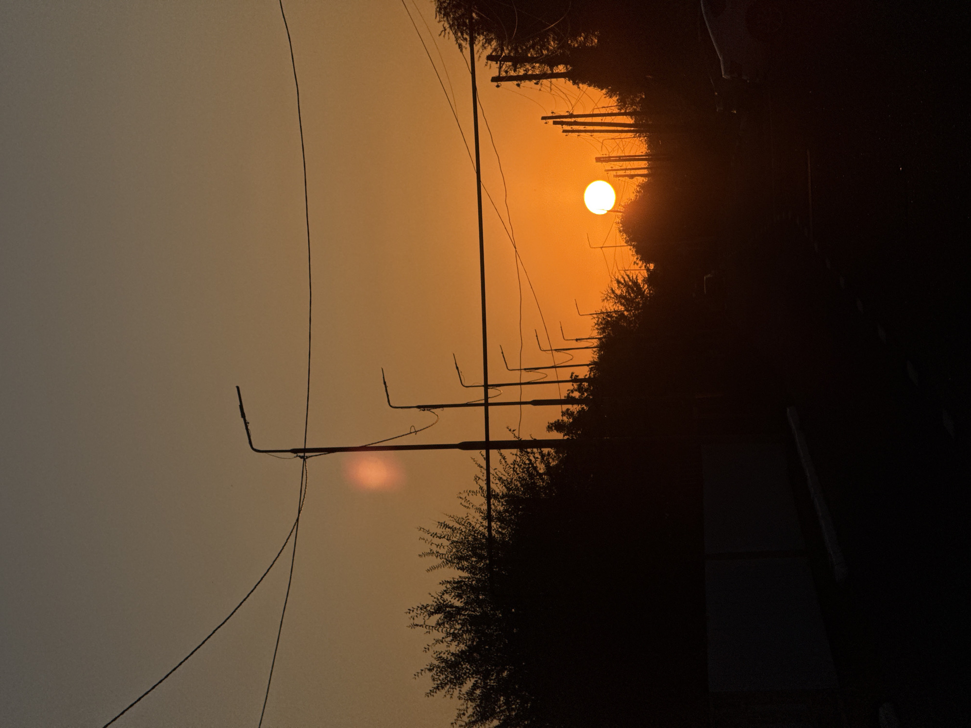 A silhouetted street scene unfolds against a vibrant sunset in Aksay, Kazakhstan. The sun, a bright, circular orb, is positioned near the center of the frame, casting a warm, orange glow across the sky. Power lines crisscross the scene, stark black lines against the colorful sky, with several streetlights visible. On the left side of the image, a dense silhouette of trees and foliage creates a dark, textured mass. A low wall or fence is partially visible in the foreground on the left. The right side of the image shows more trees and the top of a vehicle. The overall impression is one of a quiet, late afternoon or early evening in an urban or suburban area of Aksay.