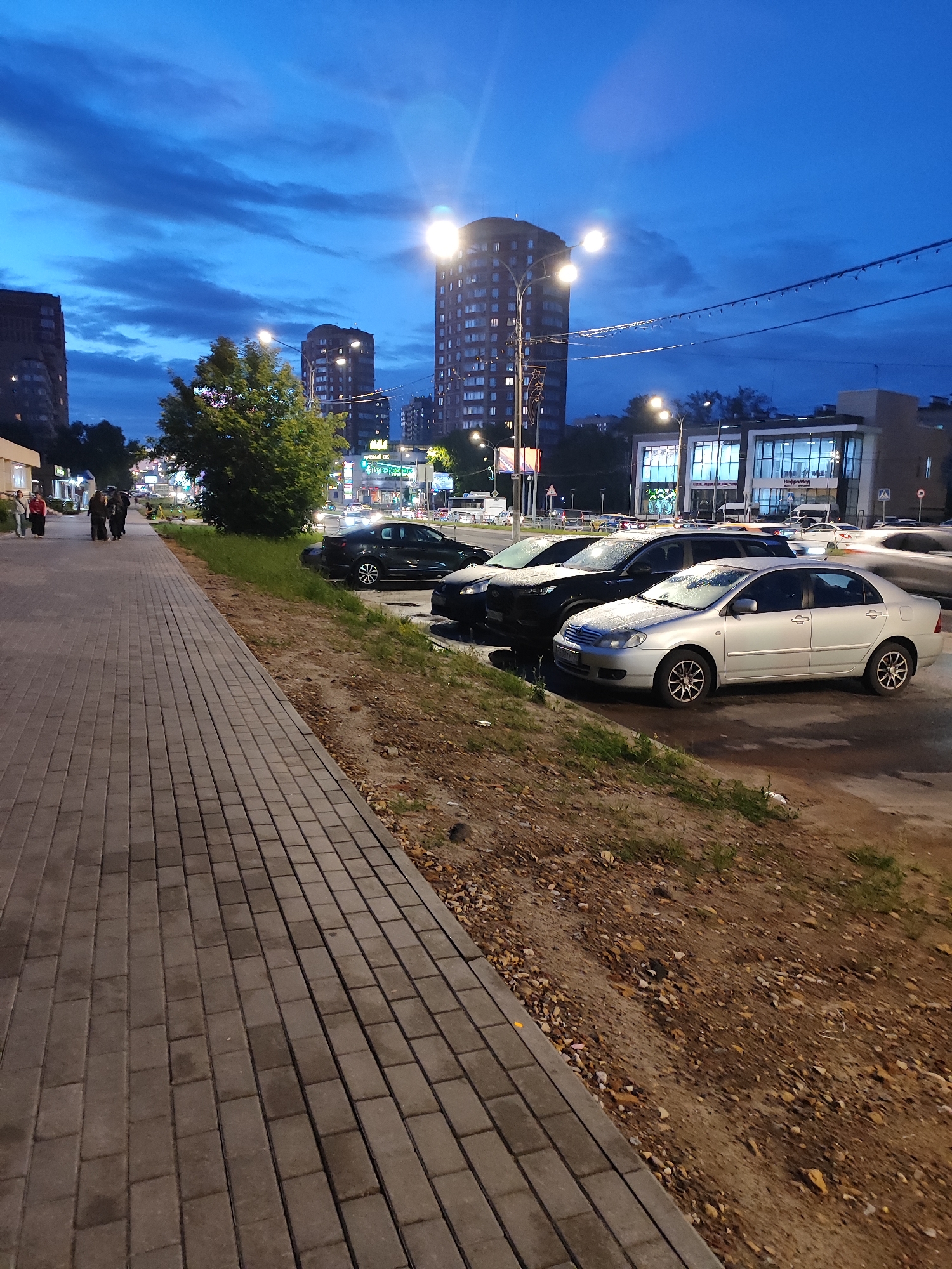 The image shows a street scene at dusk in an urban environment. A paved sidewalk runs along the left side of the frame, with people walking on it. Several cars are parked along the right side of the street, adjacent to a grassy embankment. In the background, tall buildings and streetlights are visible, indicating a city setting. The sky is a deep blue with some clouds, and artificial lights illuminate the street and buildings.