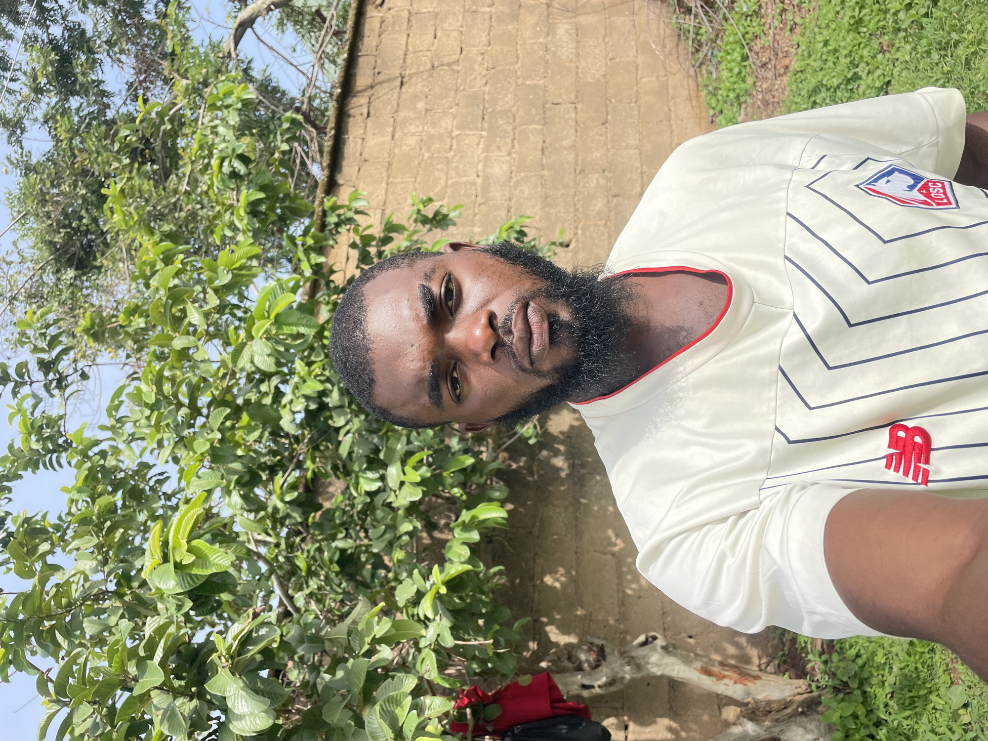 A man with a beard and short hair is taking a selfie outdoors. He is wearing a cream-colored t-shirt with red trim and blue pinstripes, featuring a red and blue New Balance logo on the left chest and a red, white, and blue LOSC logo on the right side. He is standing in front of a tan brick wall and a tree with green leaves. The background shows more greenery and a bright sky. The scene is likely in Jos, Nigeria.