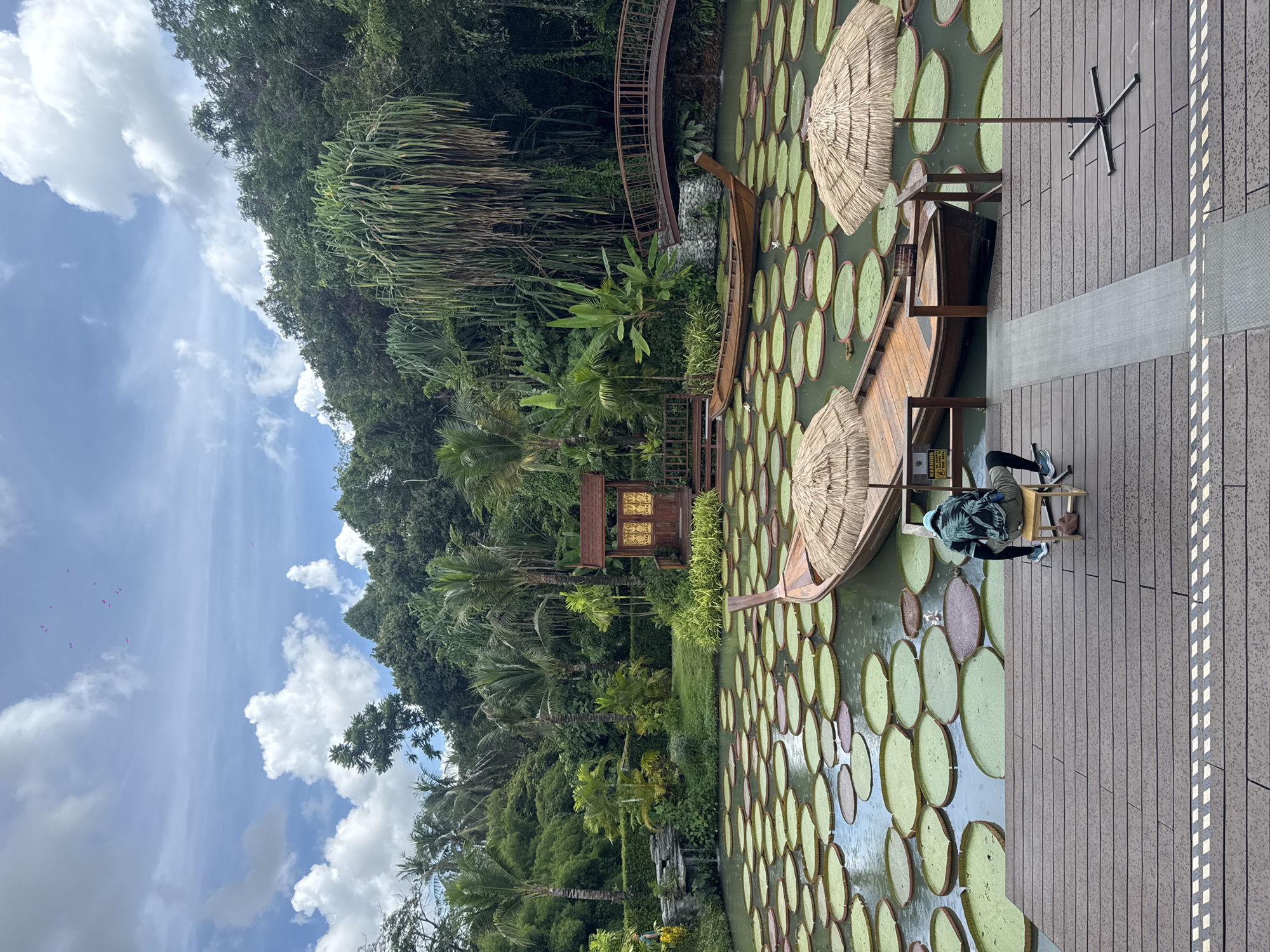 This image shows a pond covered with giant water lilies in Ban Khlong Khian บ้านคลองเคียน, Thailand. The pond has two wooden boats with thatched umbrella covers. A person is sitting on a bench on a wooden platform beside the pond. The background includes lush trees and a blue sky with clouds. A small wooden structure is situated in the vegetation, and a bridge extends over the pond in the distance.