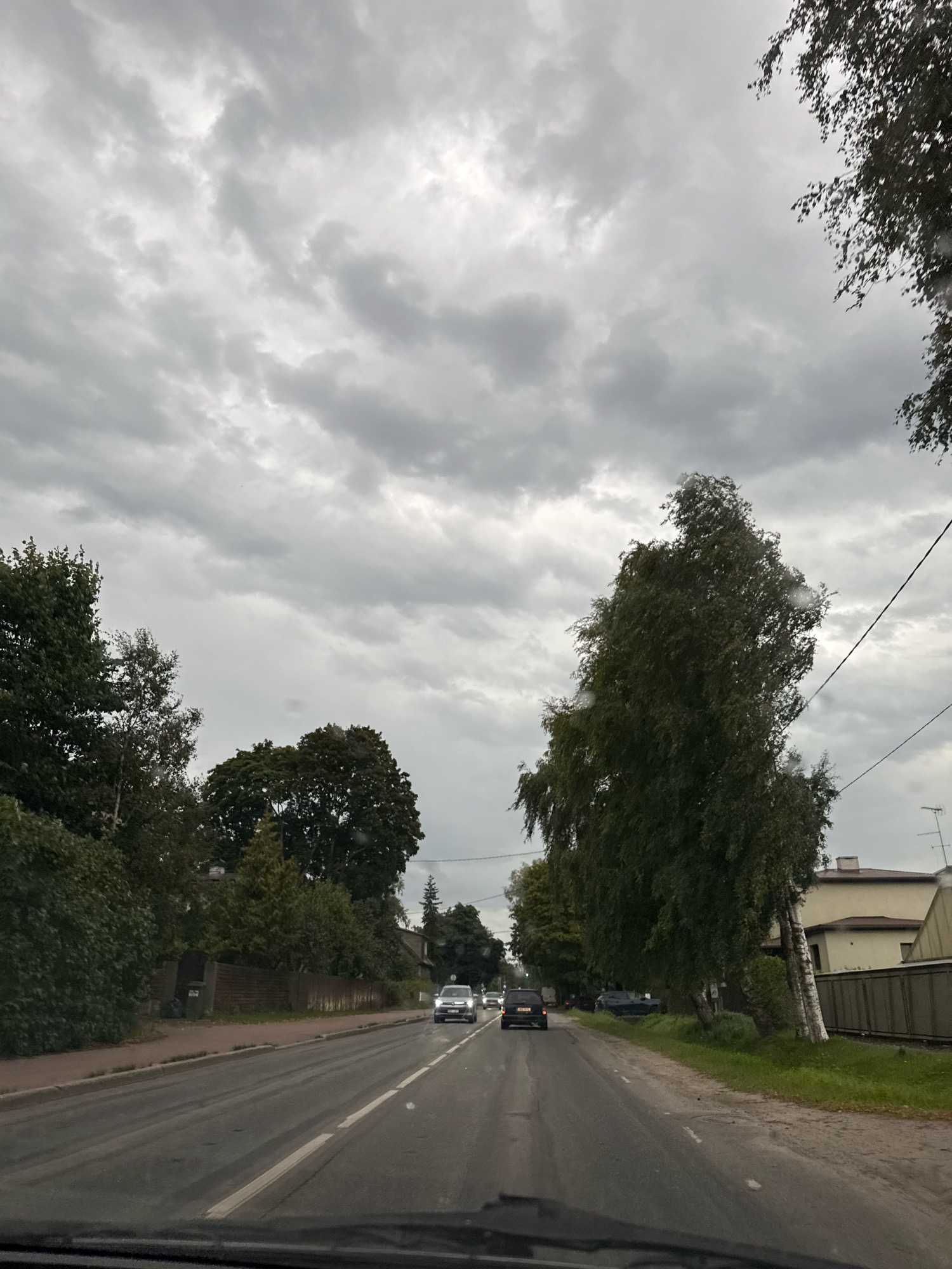 The image depicts a view from inside a vehicle traveling on a road in Tallinn, Estonia. The sky is heavily overcast with dark gray clouds. The road appears to be a two-lane street, with cars in front, suggesting moderate traffic. The sides of the road are lined with trees, some of which are tall and leafy, while others are thinner and more spindly, possibly birch trees with their distinctive white bark. There are houses visible behind the trees and fences on the right side of the road. The overall atmosphere is somber, consistent with a cloudy or possibly rainy day. The terrain appears to be relatively flat.