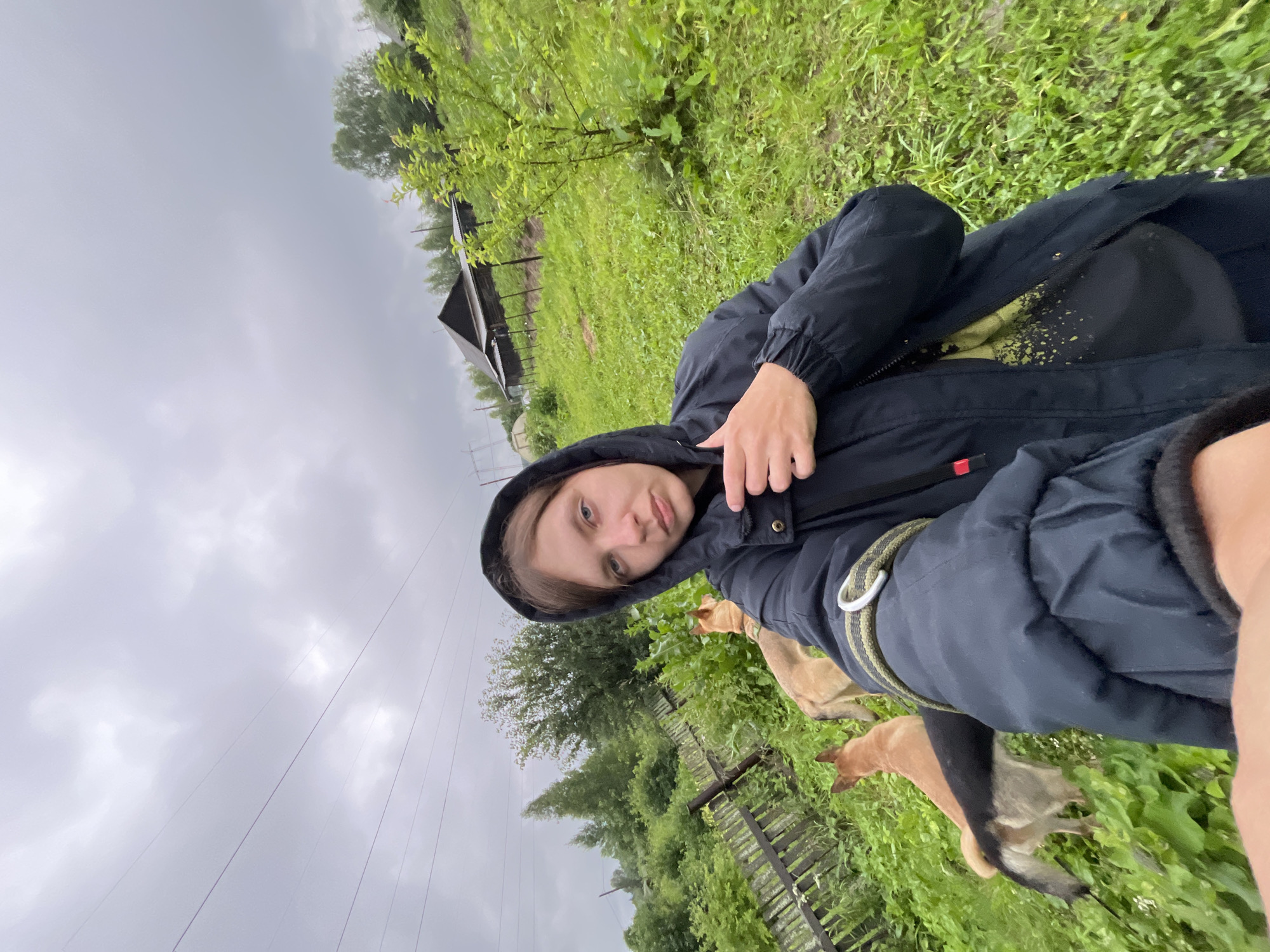 A young Caucasian woman, wearing a black hooded jacket and a black t-shirt, takes a selfie outdoors. She is standing in a grassy area with two dogs behind her. One dog is a light brown, medium-sized breed, and the other is a tan and white medium-sized breed. A weathered wooden fence runs along the left side of the frame. In the background, there are trees and a dark-colored wooden building with a covered porch. The sky is overcast and grey. The scene appears to be a rural or semi-rural setting, possibly in Nizhny Tagil, Russia, given the architectural style of the building and the surrounding vegetation.