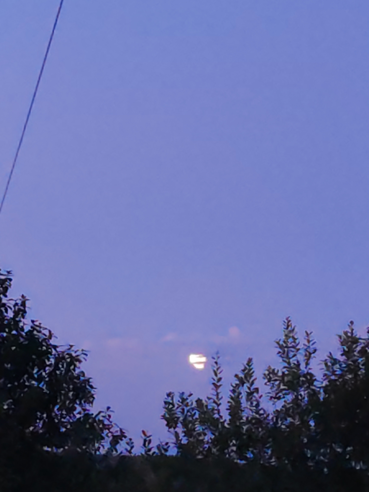 The image depicts a twilight sky with a pale purple hue, suggesting it was taken shortly after sunset or before sunrise. A faint, partially obscured moon is visible in the center of the frame, appearing as a bright, circular object. Silhouetted against the sky are the dark shapes of trees and foliage, forming a natural border along the bottom of the image. A thin, dark line, likely a utility wire, runs diagonally from the top left corner of the frame downwards. The scene appears to be outdoors, possibly in a residential area or park within the city of Chuchlem, Russia. No people or specific man-made structures are clearly identifiable in the frame, other than the aforementioned wire.