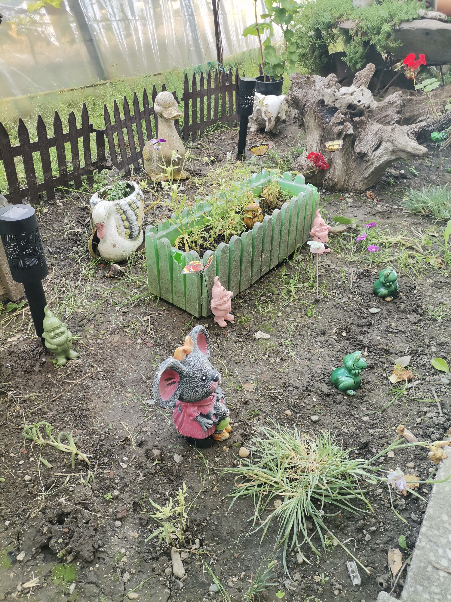 This is a medium shot of a garden in Obrochishte, Bulgaria, featuring several garden gnomes and animal figurines. In the foreground, a large mouse figurine in a pink dress sits holding a smaller mouse. To its left, a green gnome stands near a black solar-powered garden light. To the right and further back, two green frog figurines are scattered in the dirt. Behind these, a light green plastic planter box contains green plants. Several pink gnome figurines are placed around the planter, one of which is holding a small bird. A white ceramic swan planter with green and yellow accents is situated behind the green gnome. In the background, a dark wooden picket fence separates the garden from a greenhouse covered with plastic sheeting. A weathered tree stump with several holes and a few red flowers is visible to the right of the planter. Two yellow butterfly decorations are perched on the stump. The ground is covered in dirt, small stones, and dry grass.
