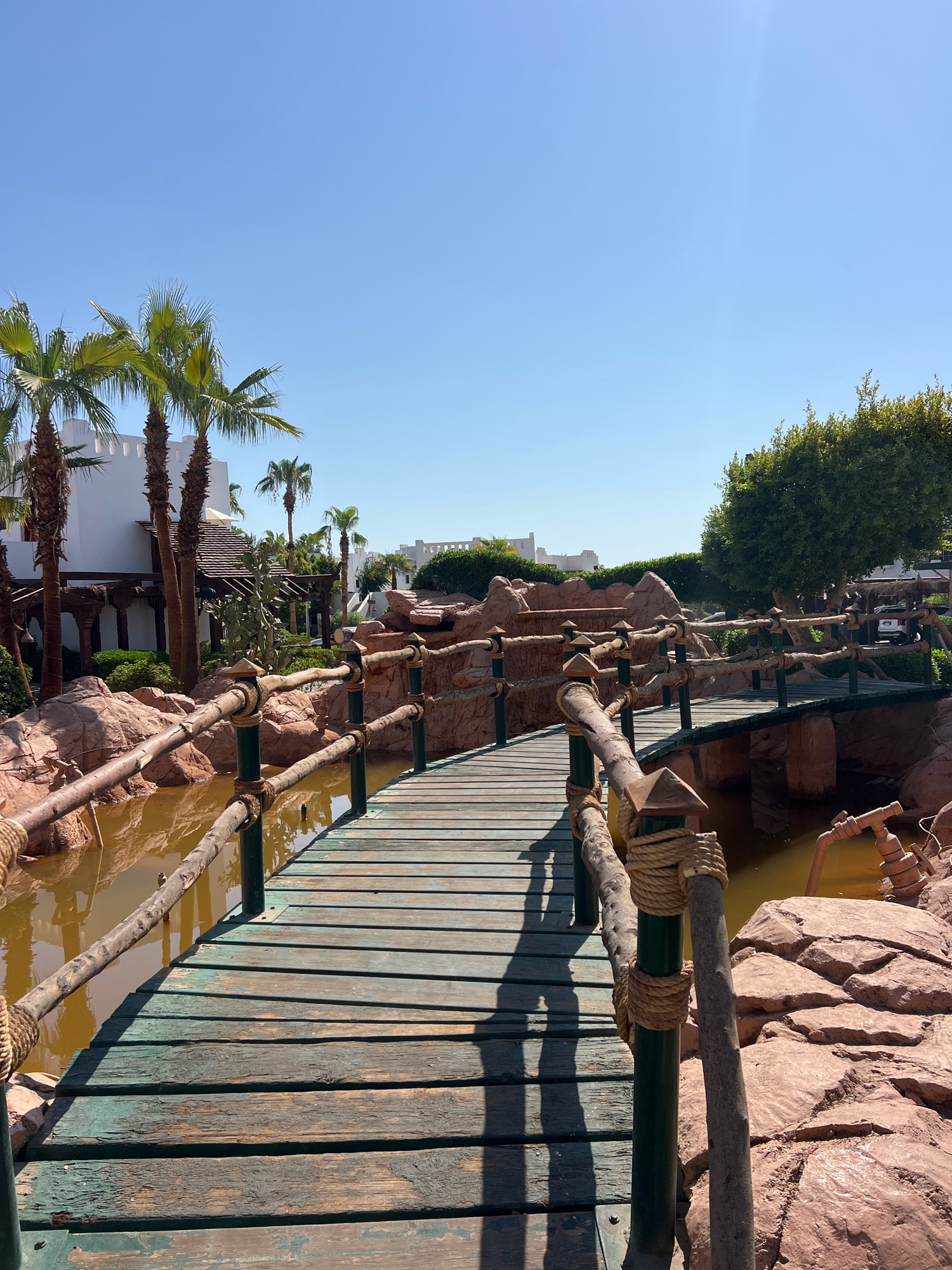 A curved wooden footbridge with teal-colored planks and a rustic railing made of branches and rope spans a narrow, murky waterway. The bridge is surrounded by red, rocky formations and lush green foliage, including palm trees. In the background, white resort buildings with arched windows and a distinct architectural style typical of Sharm El Sheikh, Egypt, are visible. The sky is a clear, bright blue, indicating a sunny day. The scene appears to be part of a resort or hotel complex, designed to evoke a natural, somewhat exotic ambiance. There are no people or animals present in the image.