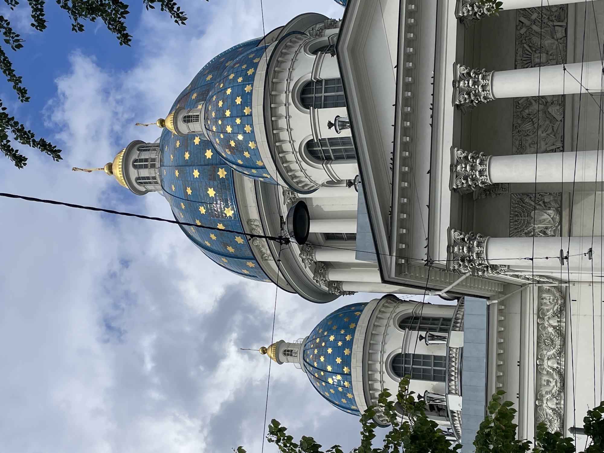 The image shows the domes of the Trinity Cathedral in Saint Petersburg, Russia. The cathedral features multiple domes, with the largest central dome and two smaller flanking domes visible. All the domes are a vibrant blue color and are adorned with golden stars. Each dome is topped with a golden cross. The architecture includes white columns and ornate carvings on the building's facade. Green foliage from trees is visible in the upper left and right corners of the frame, partially obscuring the sky. The sky is a mix of blue patches and grey clouds. Electrical wires are strung across the foreground, with a lamppost hanging from one of them. Several birds are perched on the roofline of the building. The image is taken from a low angle, looking up at the cathedral.