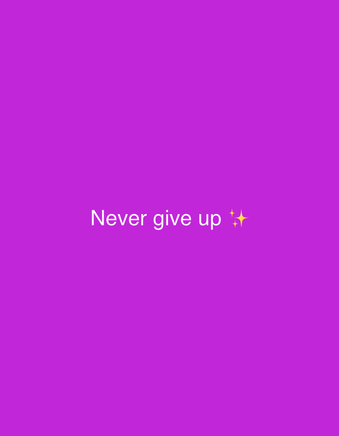 The image is a digital graphic with a solid vibrant purple background. Centered on the background are the words "Never give up" in white, sans-serif font. To the right of the text, there are two small, yellow, four-pointed star shapes, resembling sparkles or accents. The image does not depict any specific location in Yizhivtsi, Ukraine, nor does it contain any people, subjects, or objects in a real-world setting. It is purely a text-based graphic.