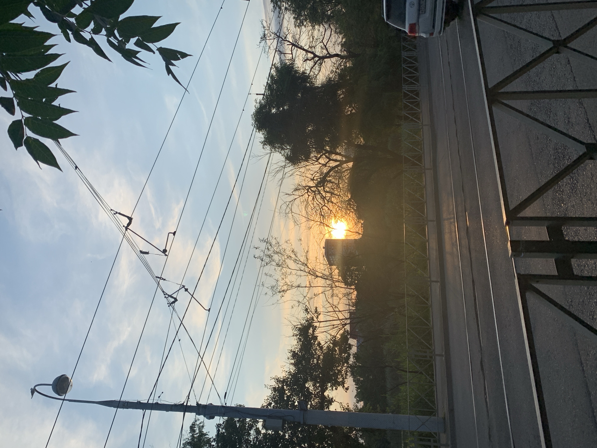 The image captures a street scene at dusk in an unknown city. The foreground features a metal railing and a paved road with faint white lane markings. In the middle ground, a low metal fence separates the road from a grassy area with trees and bushes. The sun, low on the horizon, casts a warm glow through the foliage, creating lens flare. A building with a distinct architectural style is visible behind the trees, partially silhouetted against the sunset. To the right, a white SUV is parked or driving on the road. A tall lamppost stands on the left side of the image, and a network of overhead wires, possibly for public transportation, crisscrosses the sky. Green leaves from an overhanging tree frame the top right corner of the image. The sky is a pale blue with wispy clouds, transitioning to warmer tones near the horizon.