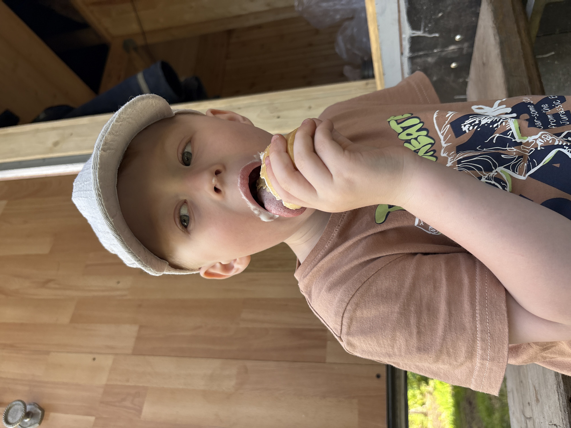 A young male child, estimated to be between four and six years old, is captured in a medium close-up shot. He is wearing a light-colored, possibly white or light grey, fabric baseball cap and a light brown t-shirt featuring a multi-colored graphic design with green text and dark blue and white illustrations. The child is actively consuming an ice cream cone, holding it in his right hand. His tongue is extended, coated with a white substance from the ice cream, and a small amount of the same substance is visible on his upper lip. His gaze is directed towards the upper right of the frame.
The environment depicts the interior or immediate vicinity of a rustic wooden structure, consistent with a shed or small building located in the city of Italmas, Russia. The background is composed primarily of light-toned wooden paneling, displaying visible seams and grain patterns. In the upper left portion of the background, a dark, ornate metal hook is affixed to the wooden surface. The upper right background reveals additional structural wooden elements and a dark fabric item, possibly clothing, hanging within the structure. The lower left background features a blurred outdoor scene with vibrant green foliage, suggesting natural surroundings visible through an opening. The lower right background shows a dark, horizontal surface with several translucent plastic bags or objects stored beneath it.
