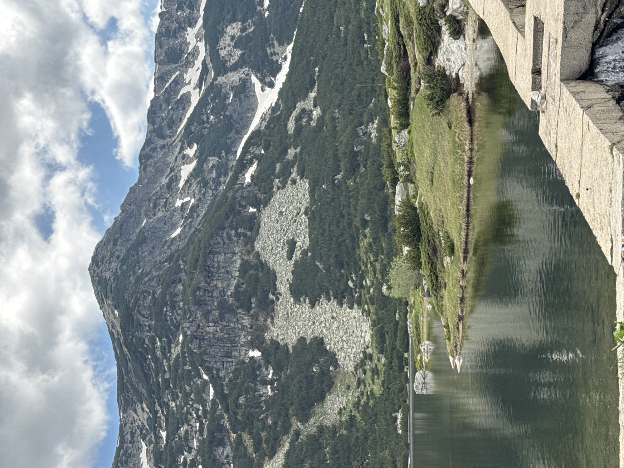 This is a vertical, eye-level shot of a mountain lake with a rugged mountain range in the background. The lake occupies the lower left portion of the image and reflects the cloudy sky and surrounding mountains. The shore of the lake in the mid-ground is covered in grass and low-lying green bushes, with scattered rocks. The mountain slopes are a mix of dark green coniferous trees, rocky scree, and patches of snow. The sky is partly cloudy with dramatic white clouds against a blue sky. In the foreground, there is a concrete structure with water flowing over its edge on the right side. This scene is located in the Rila Mountains near Avramovo, Bulgaria, a region known for its glacial lakes and alpine scenery. There are no people or animals visible in the image.